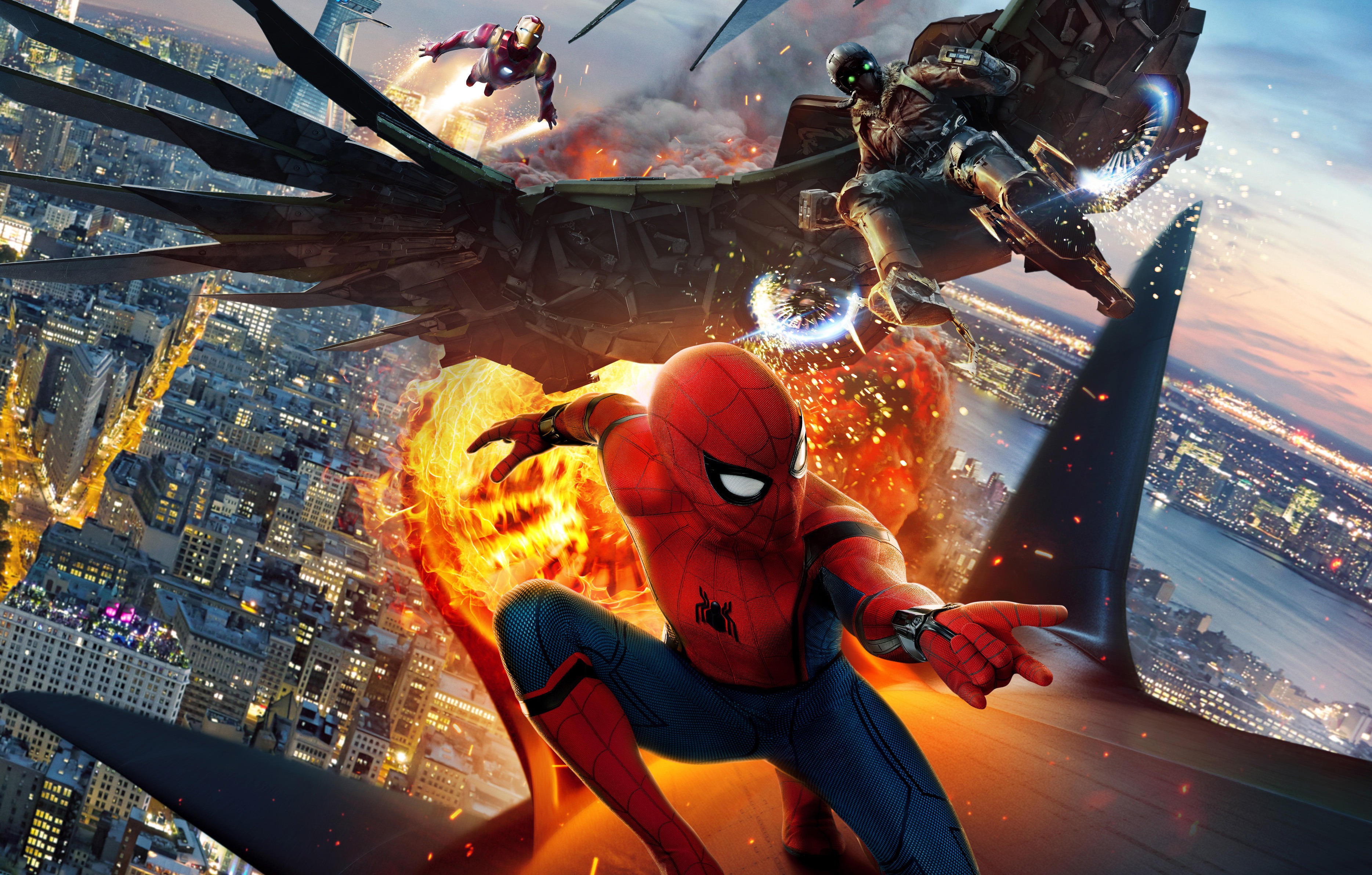 Homecoming, Vulture, Iron Man, Fiery orange explosion, Night cityscape background, 4K Desktop wallpaper