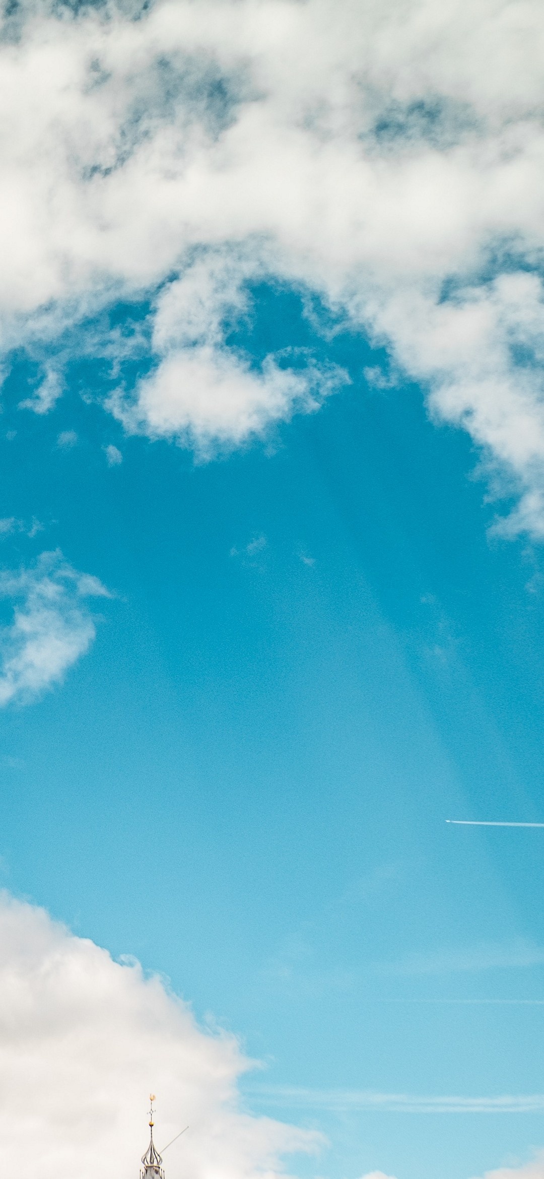 Fluffy white clouds, Airplane contrail, Gothic church spire, HD Phone wallpaper