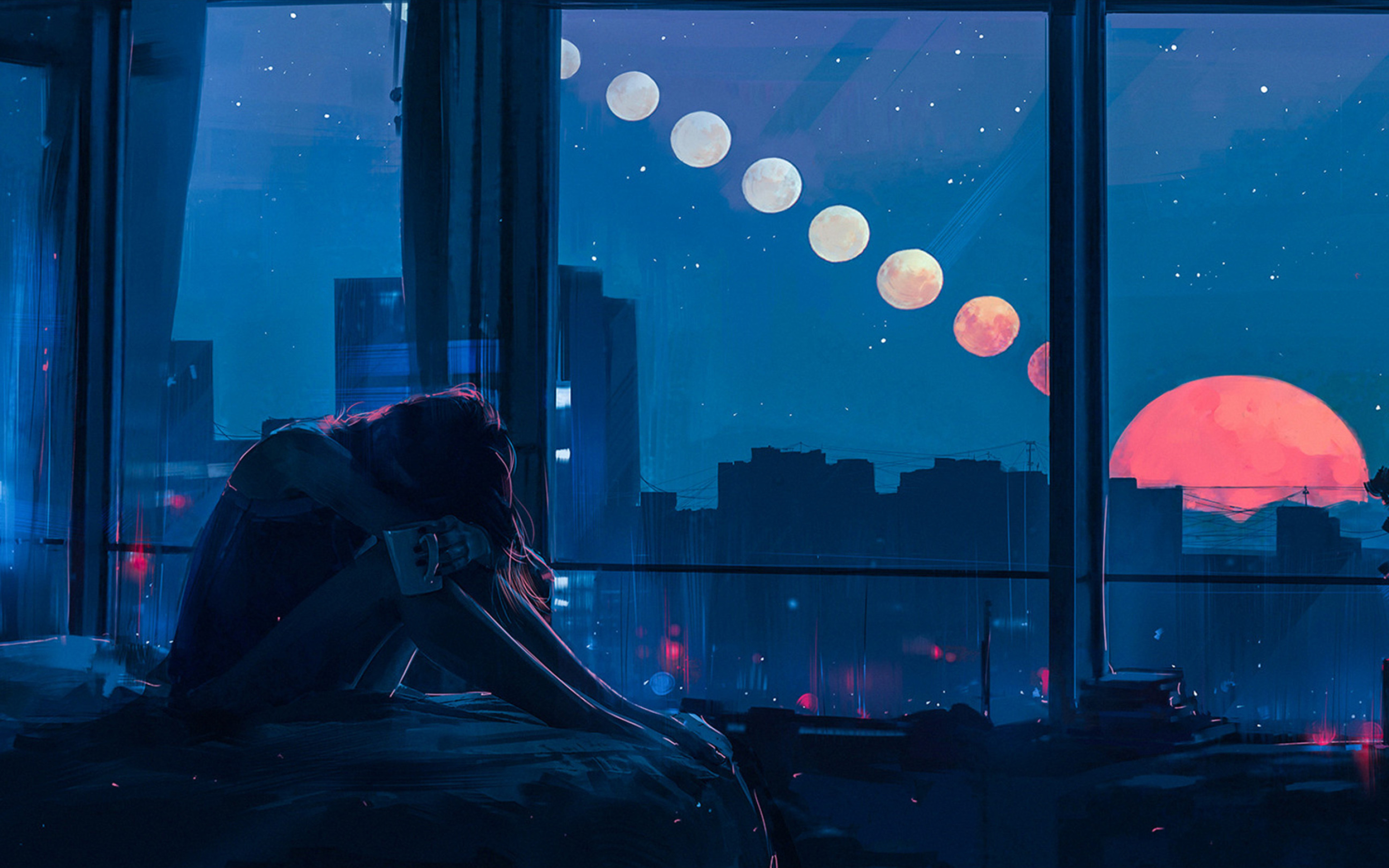 Grieving person on bed, Lunar eclipse progression, Night city apartment window, HD Desktop wallpaper