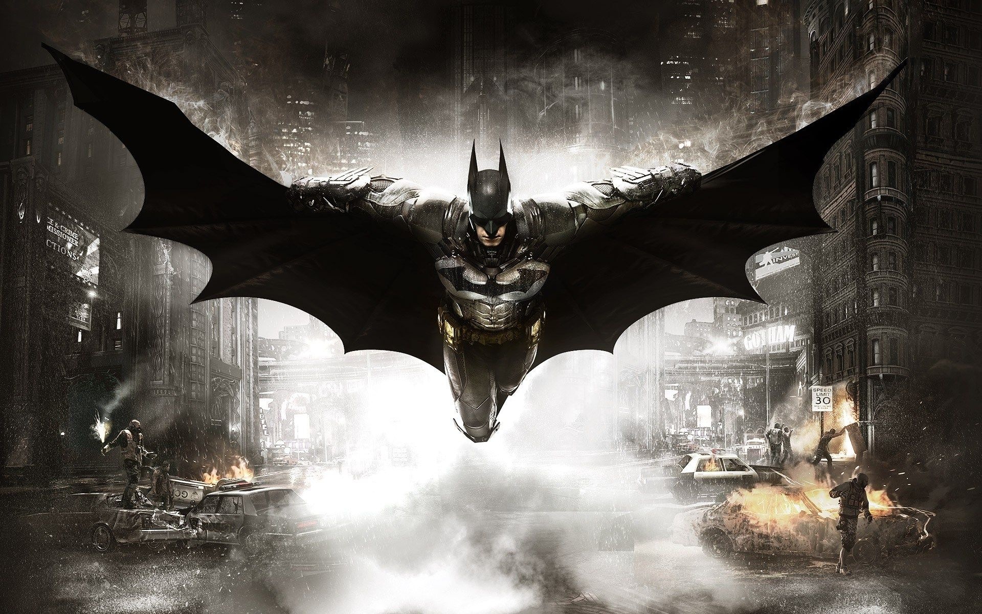 Batman gliding, Gotham City street riot, Burning GCPD cruiser, HD Desktop wallpaper