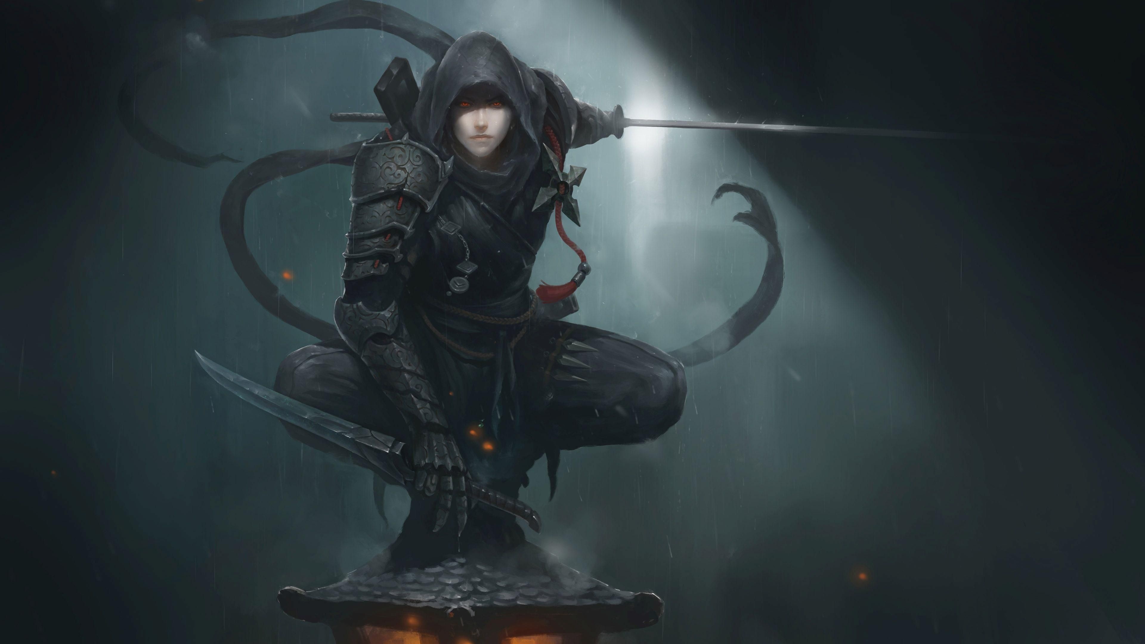 Hooded ninja assassin, Drawn katana blade, Japanese stone lantern, 4K Desktop wallpaper