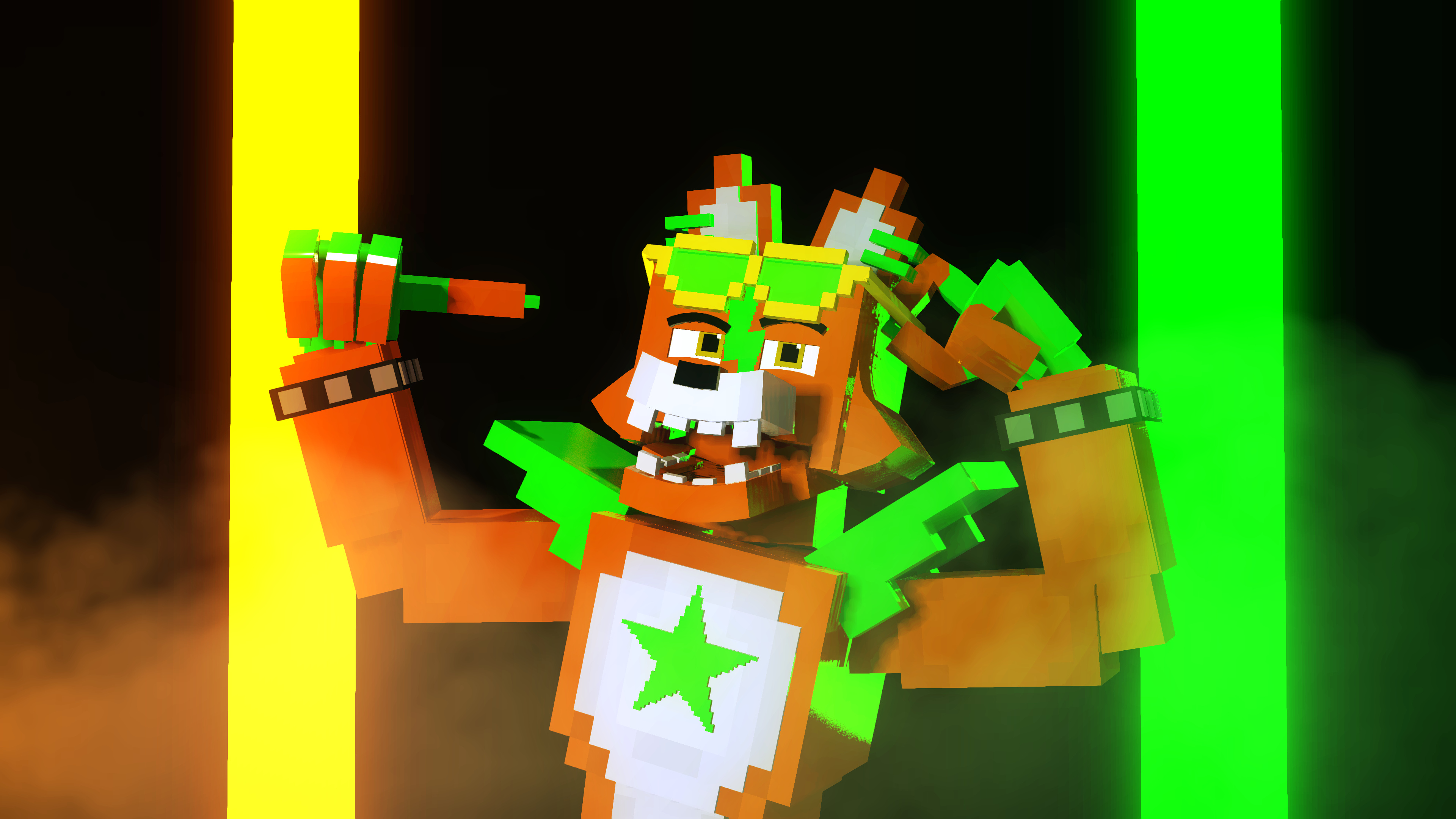 Voxel Glamrock Freddy, Neon light pillars, Green star chestplate, 4K Desktop wallpaper
