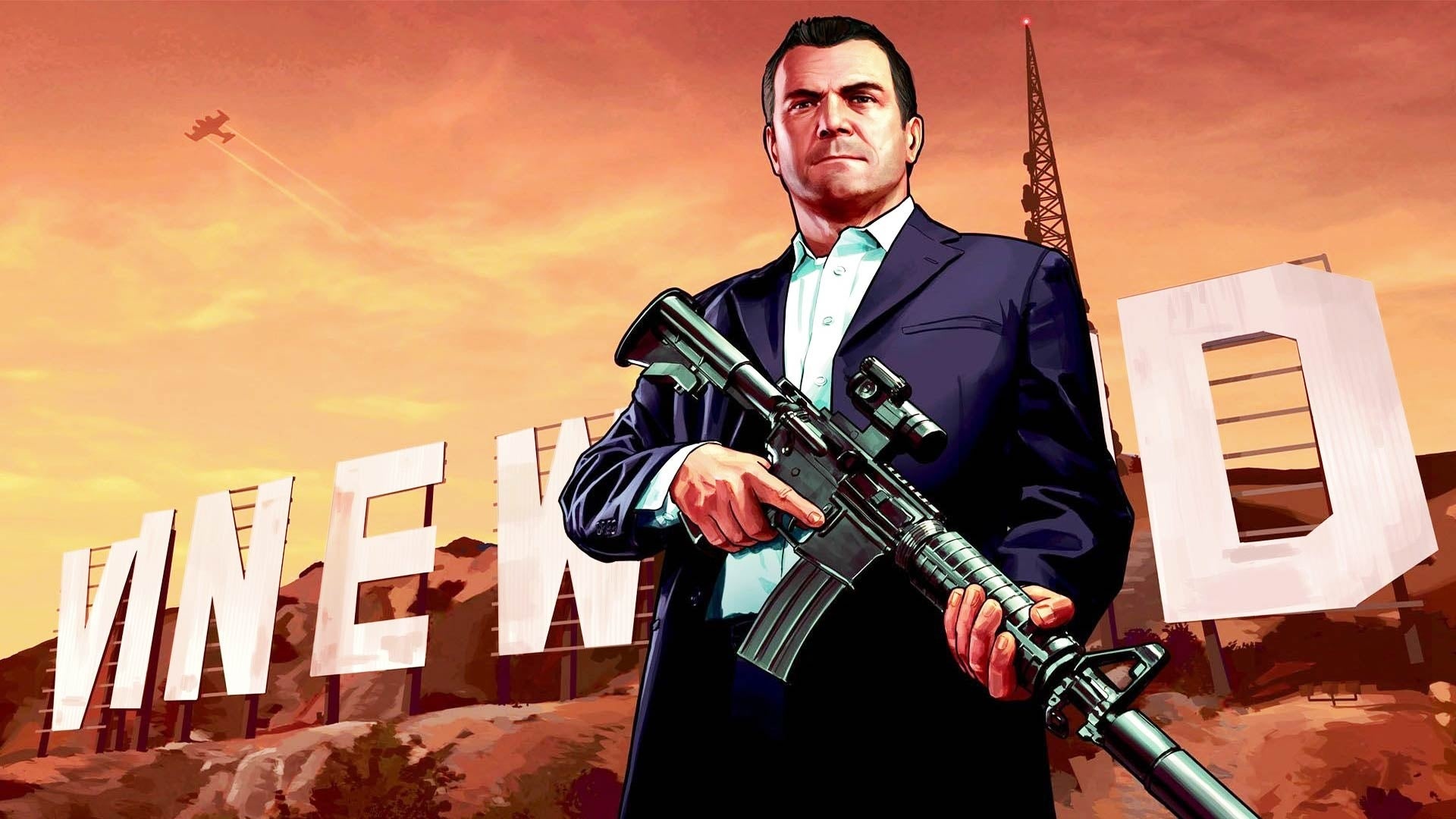 Michael De Santa in navy suit, Vinewood sign, Carbine rifle, Grand Theft Auto V artwork, Full HD Desktop wallpaper