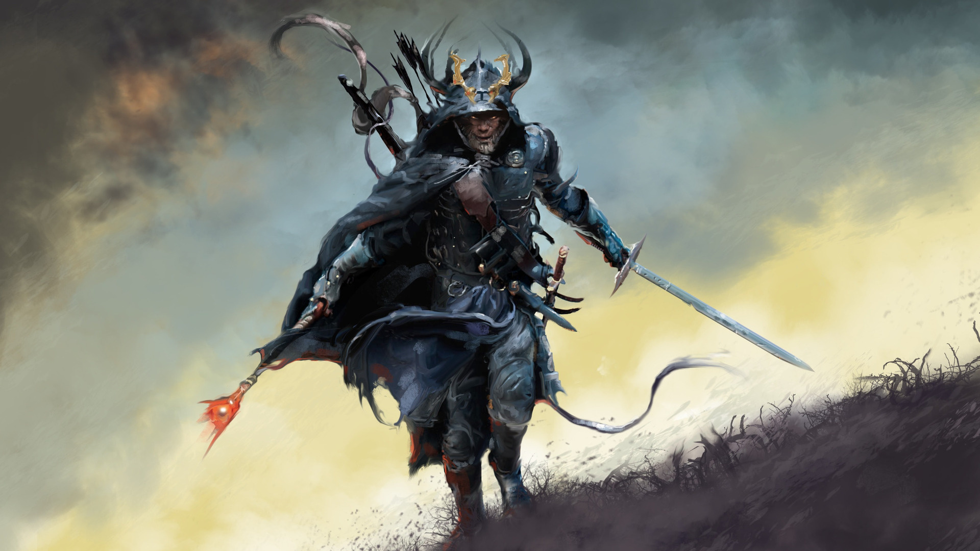 horned armored samurai, glowing spear, windswept hillside, Full HD Desktop wallpaper
