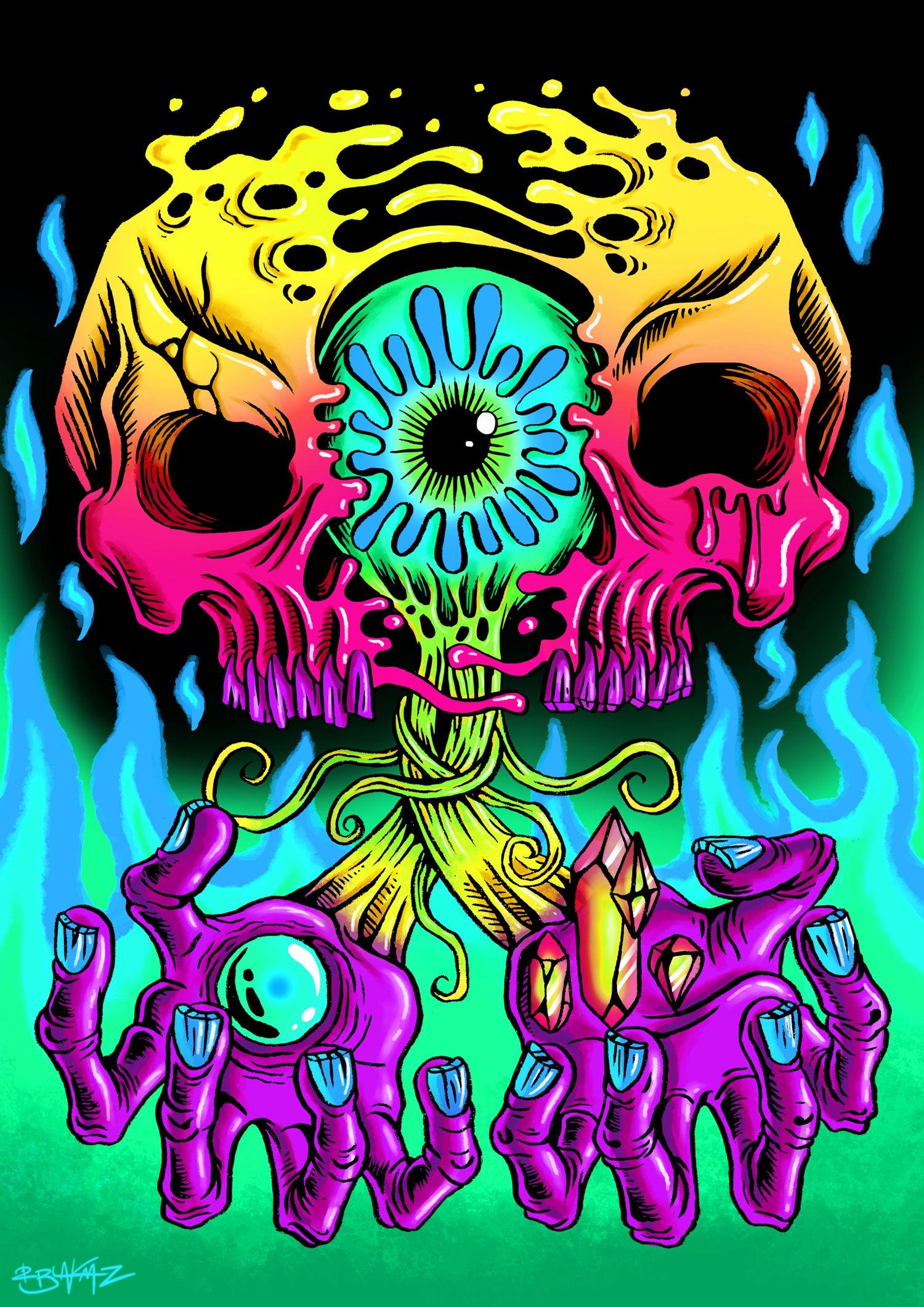 Split skull central eyeball, Purple skeletal hands, Crystal shards and orb, Green and blue flames, HD Phone wallpaper