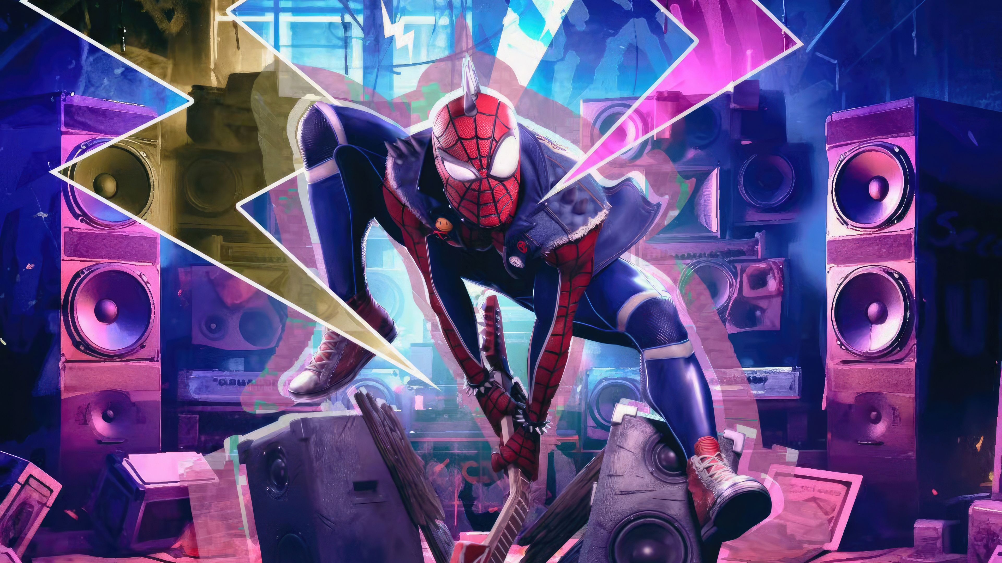 Marvel's Spider-Man, Spider-Punk (Hobie Brown), Stacked audio speakers, Neon purple lighting, 4K Desktop wallpaper