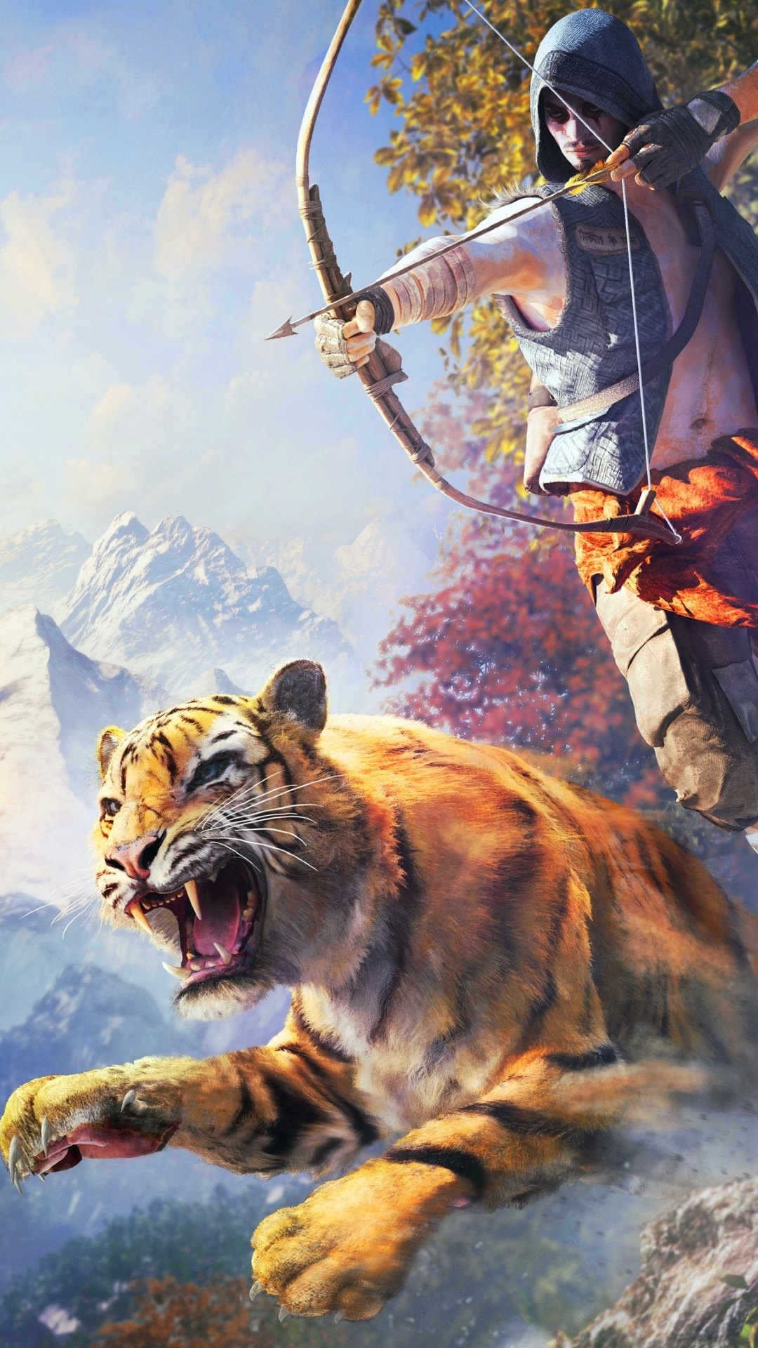 Far Cry 4 Hunter, Snarling Bengal tiger, Kyrat mountain landscape, Full HD Phone wallpaper