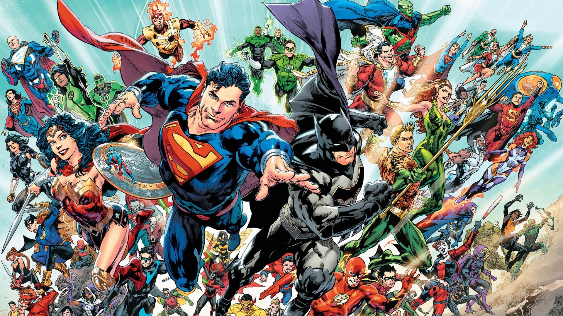 Superman, Batman, Wonder Woman, Justice League superhero ensemble, DC Comics Rebirth, Full HD Desktop wallpaper