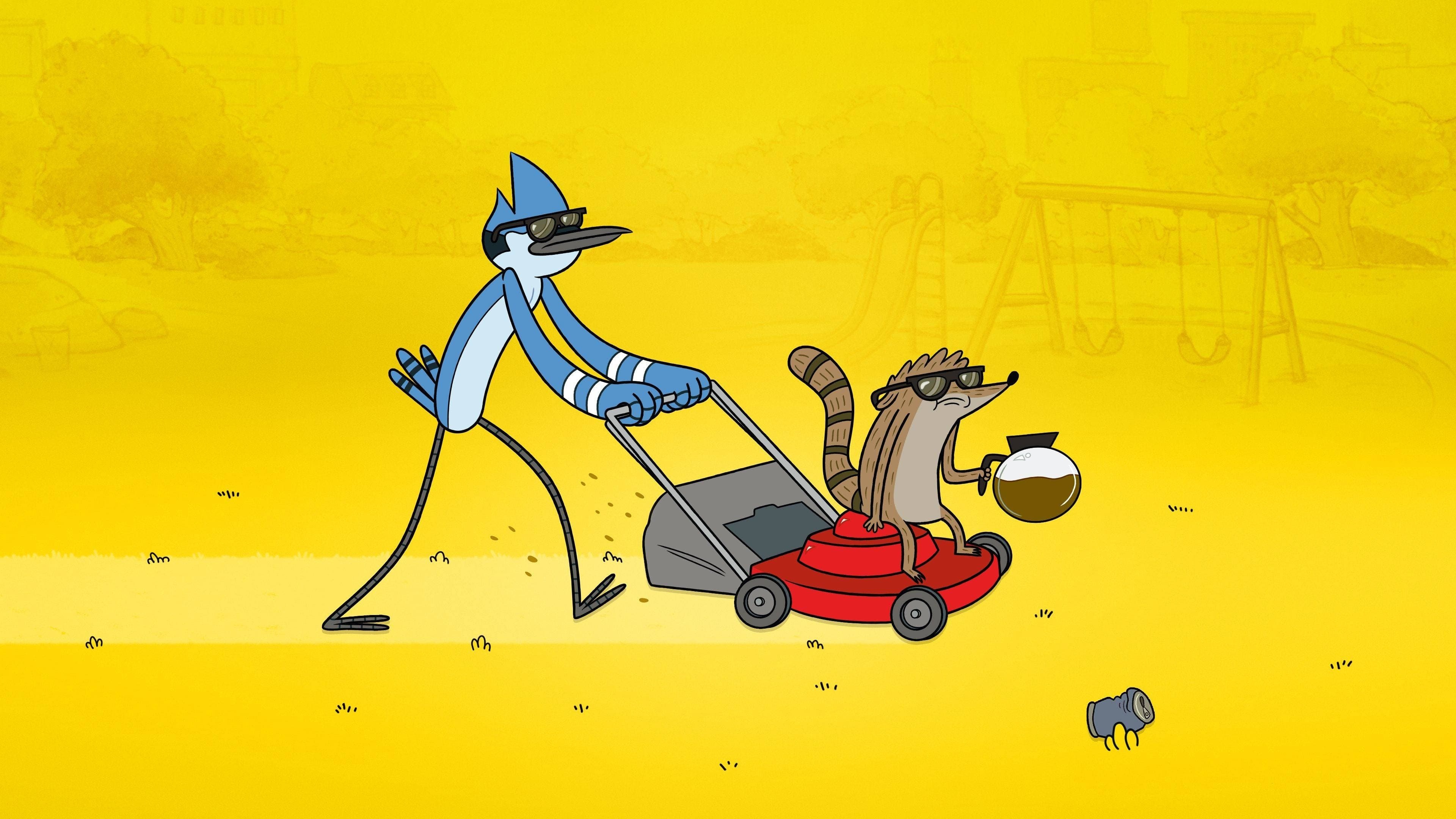 Mordecai pushing red lawn mower, Rigby holding coffee pot, Flat yellow park backdrop, Regular Show, 4K Desktop wallpaper