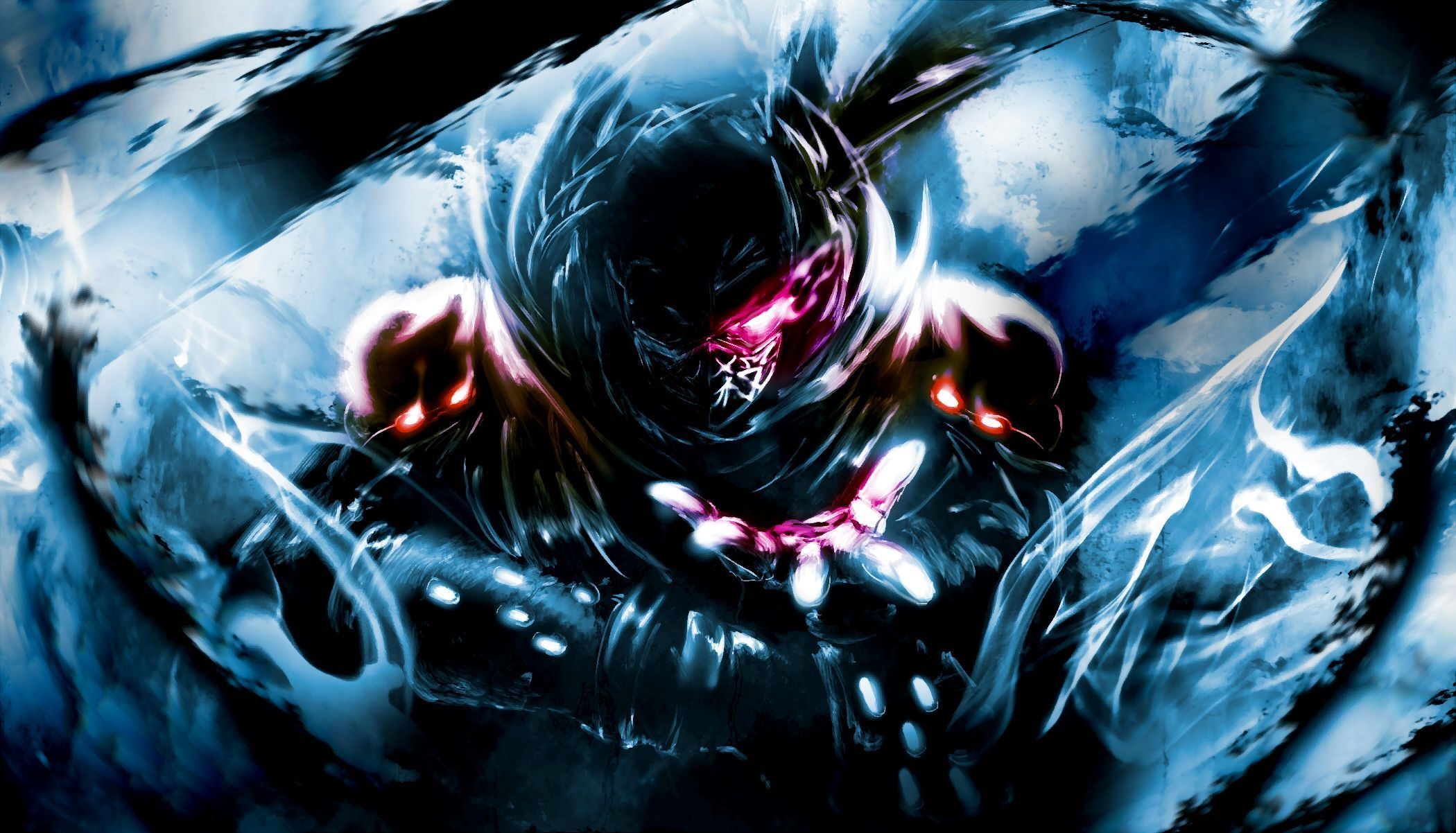 Ninja Slayer, Glowing red menpo mask, Blue energy slash aura, HD Desktop wallpaper
