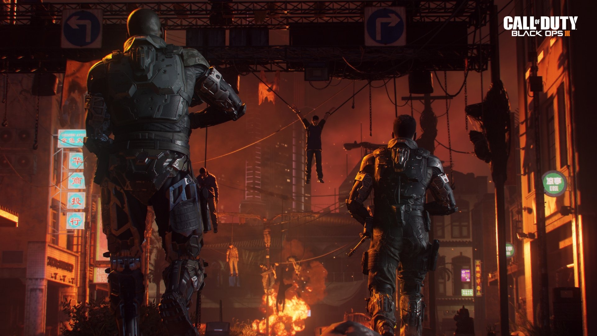Call of Duty: Black Ops III logo, Cybernetically augmented soldiers, Burning city warzone, Full HD Desktop wallpaper