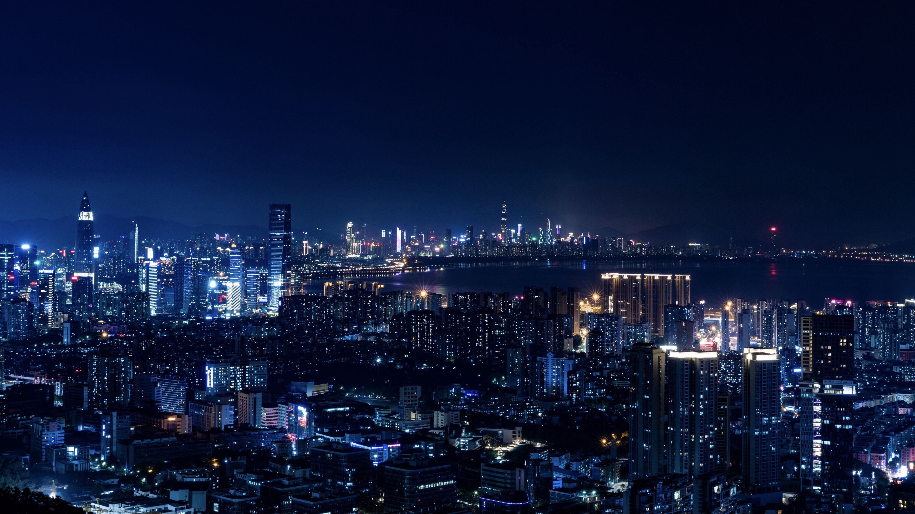 China Resources Tower Shenzhen, Shenzhen night skyline, illuminated coastal city skyscrapers, 4K Desktop wallpaper
