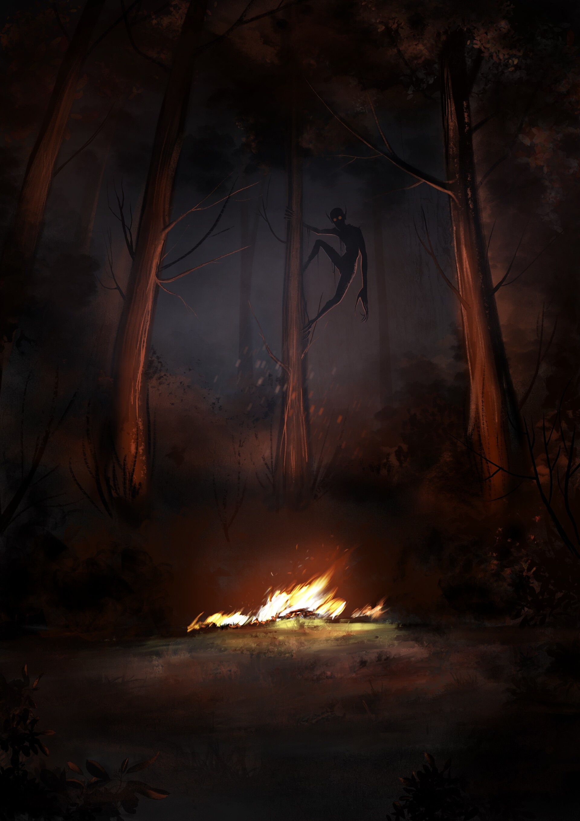glowing-eyed shadow monster, burning ground campfire, dark misty woods, HD Phone wallpaper