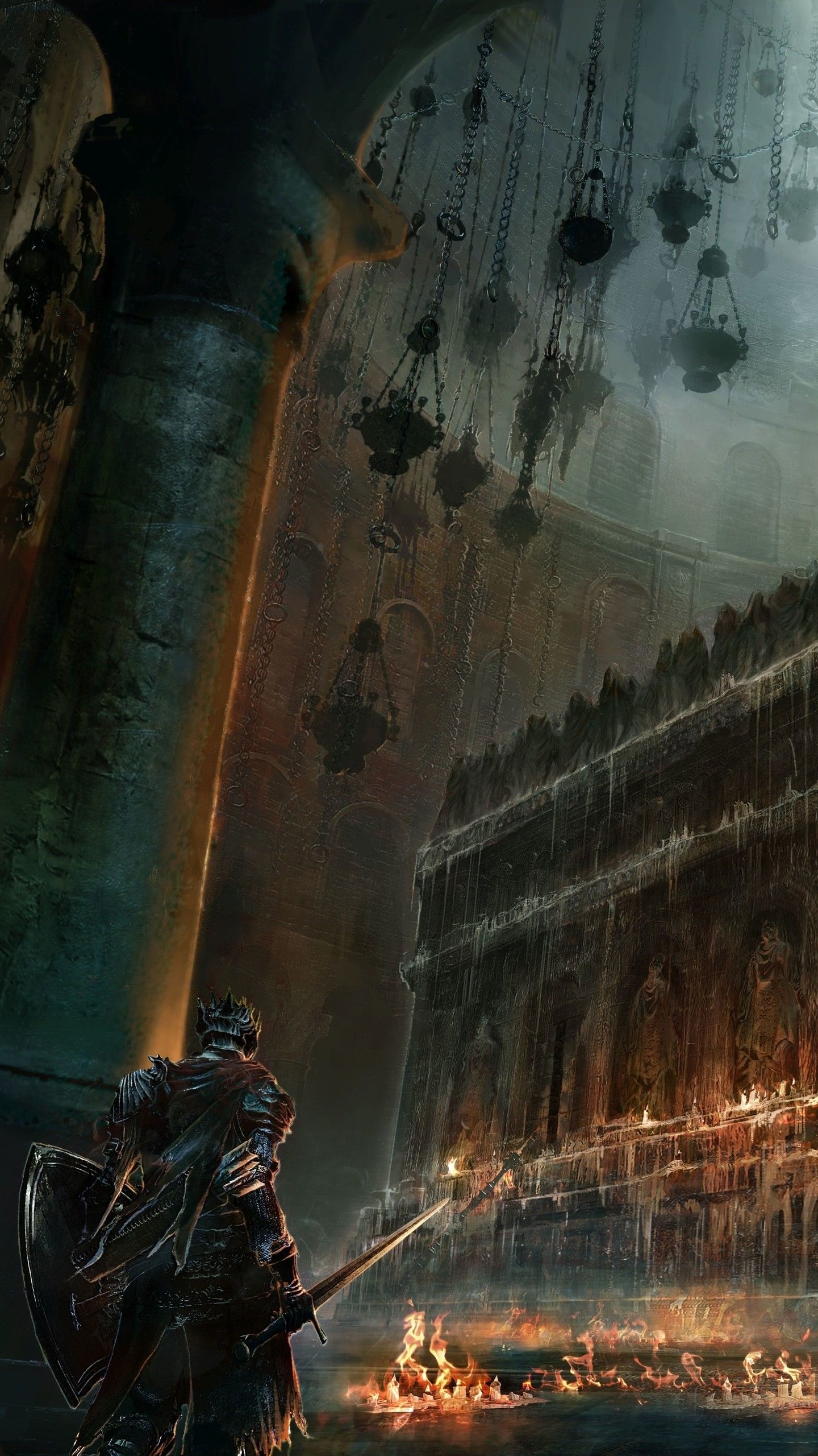 Ashen One Firelink armor, Cathedral of the Deep, hanging metal braziers, HD Phone wallpaper