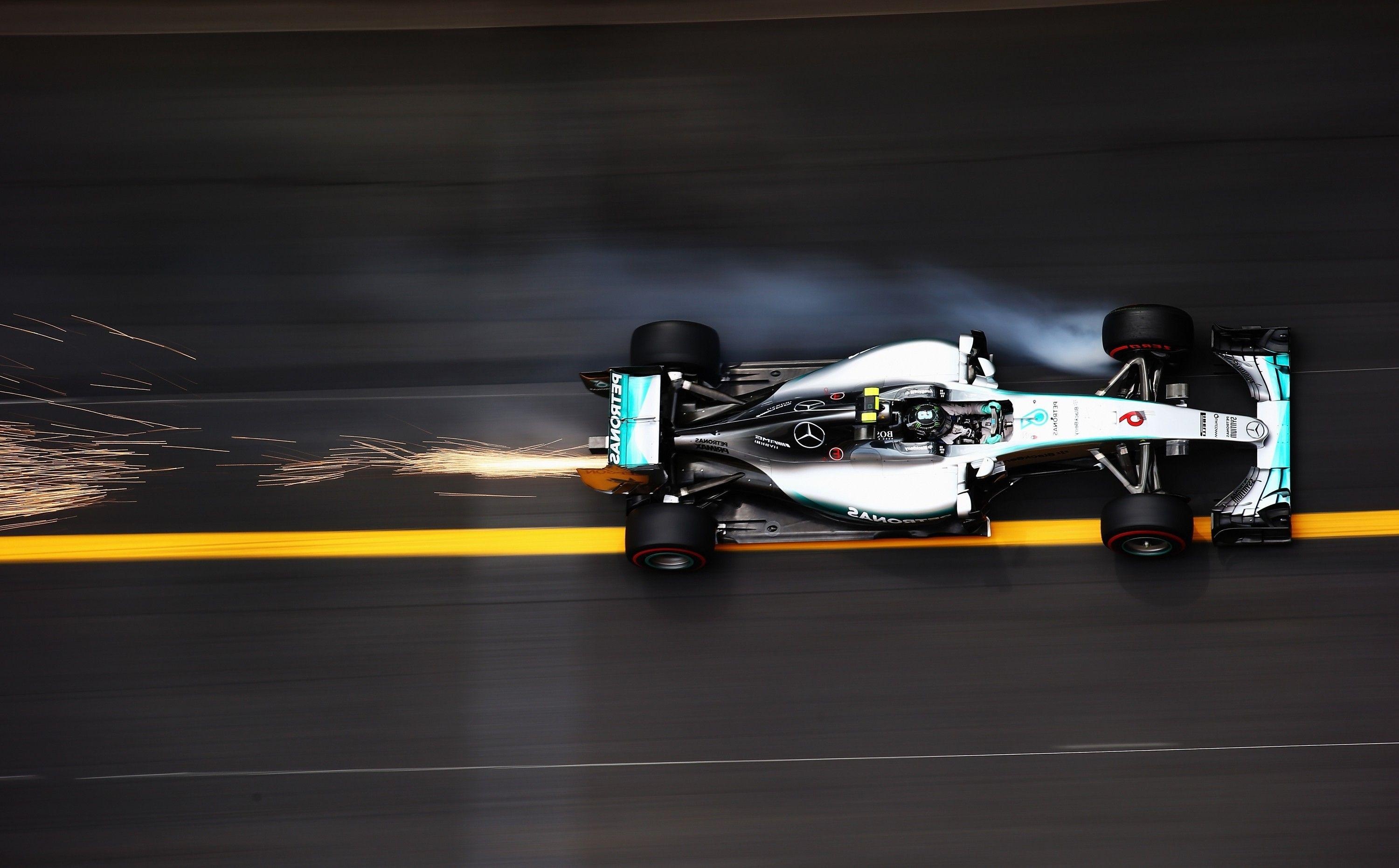 Mercedes-AMG F1 car, Underbody sparks trail, Top-down racetrack view, HD Desktop wallpaper