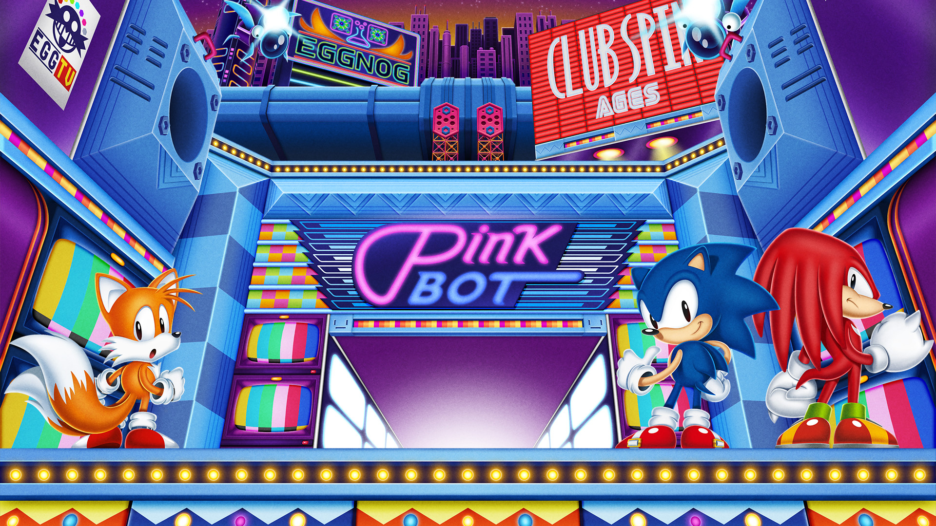 Pink Bot neon sign, Studiopolis Zone TV set, Sonic the Hedgehog, Miles Tails Prower, Knuckles the Echidna, Full HD Desktop wallpaper