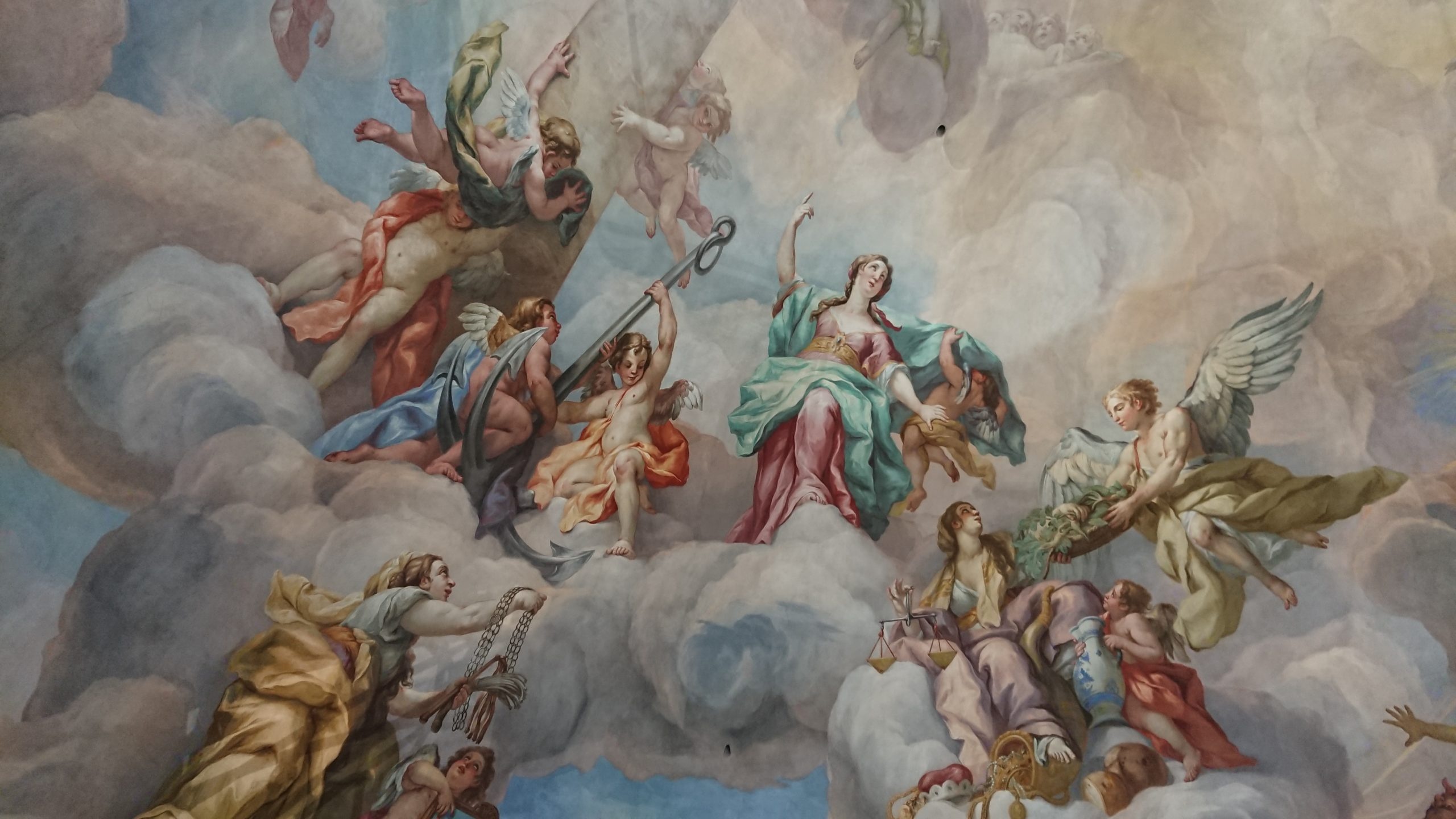 Baroque ceiling fresco, Allegorical figures on clouds, Justice with balance scale, Winged angels and putti, HD Desktop wallpaper