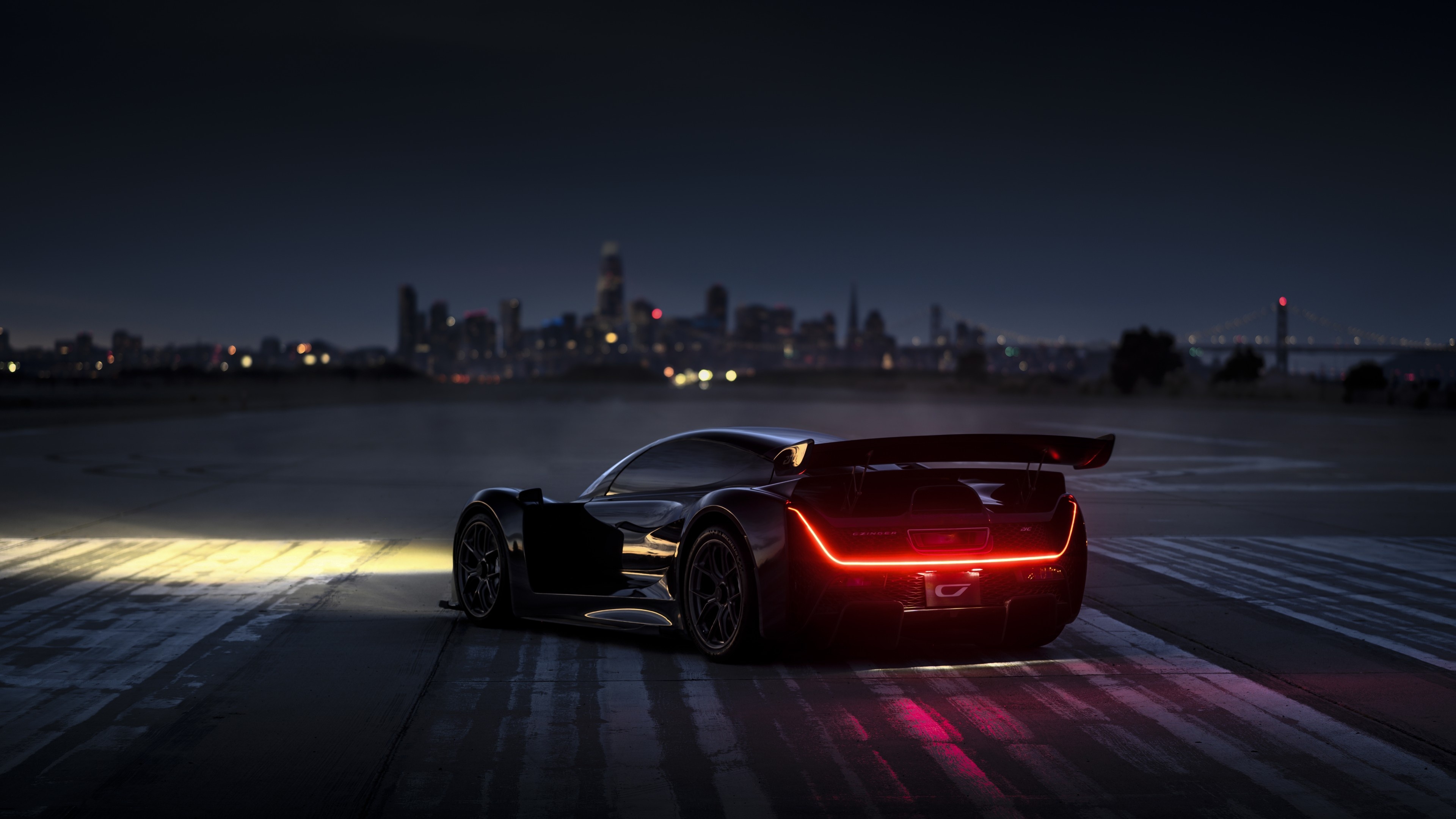 Czinger 21C, San Francisco skyline, red LED taillight, 4K Desktop wallpaper
