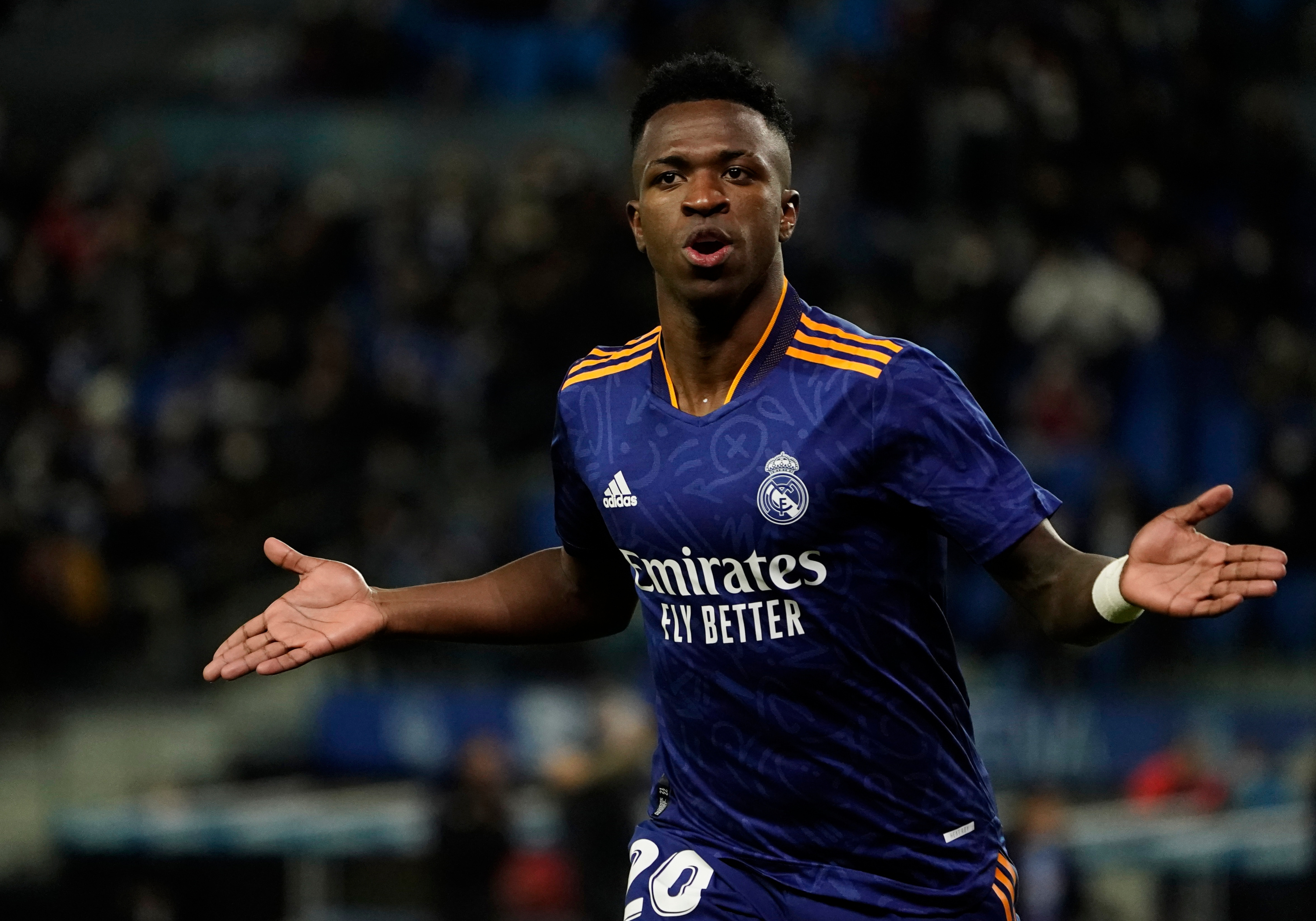 Vinicius Junior, Real Madrid away jersey, Open arms goal celebration, HD Desktop wallpaper