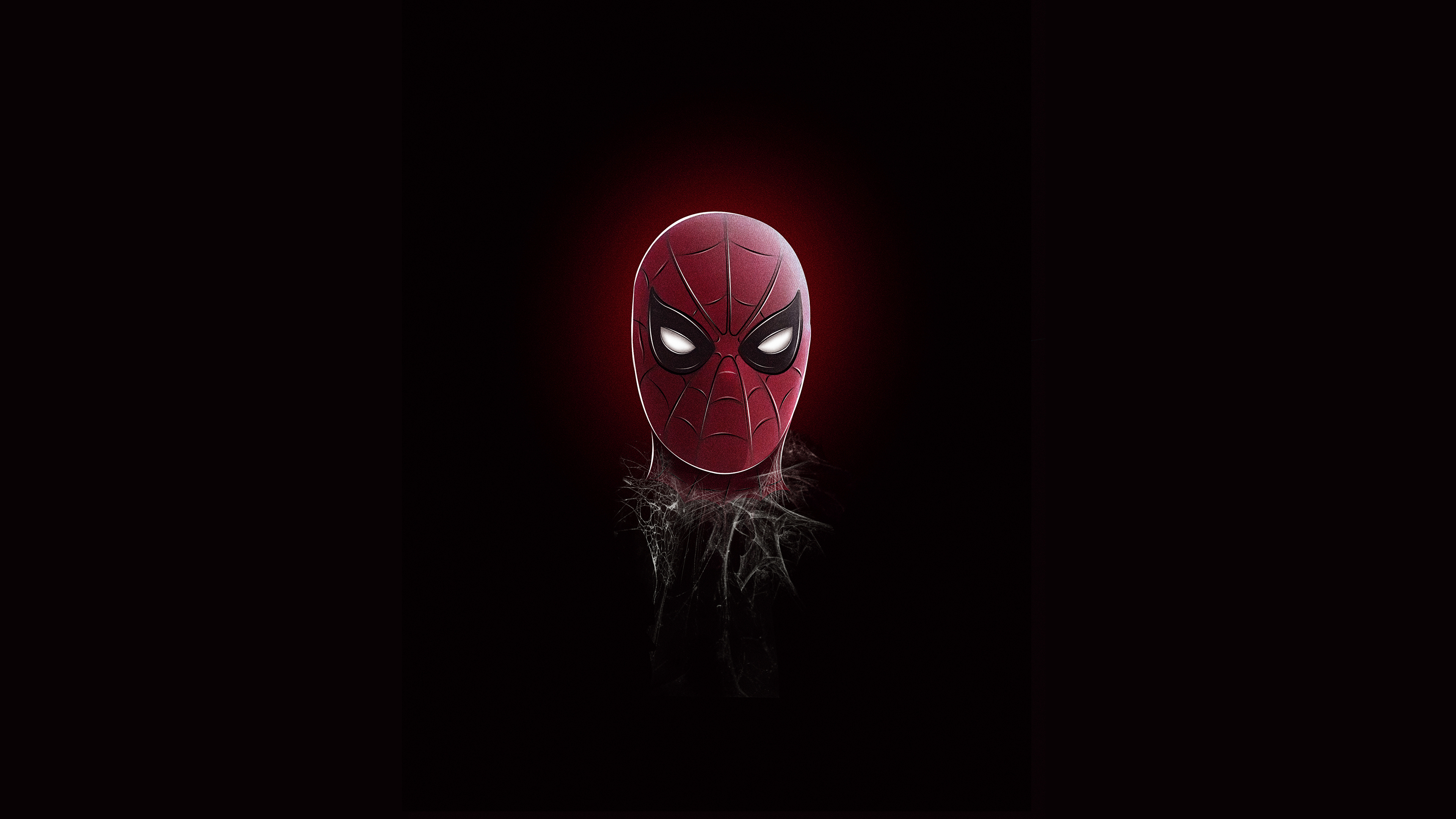 Spider-Man mask, glowing white eyes, wispy spider webs, 4K Desktop wallpaper