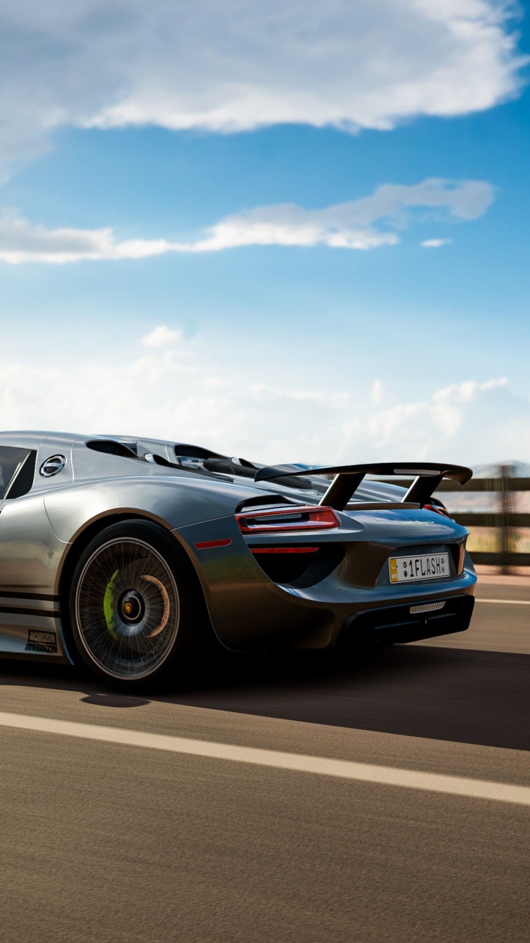 Porsche 918 Spyder, Forza Horizon, Partly cloudy blue sky, Full HD Phone wallpaper