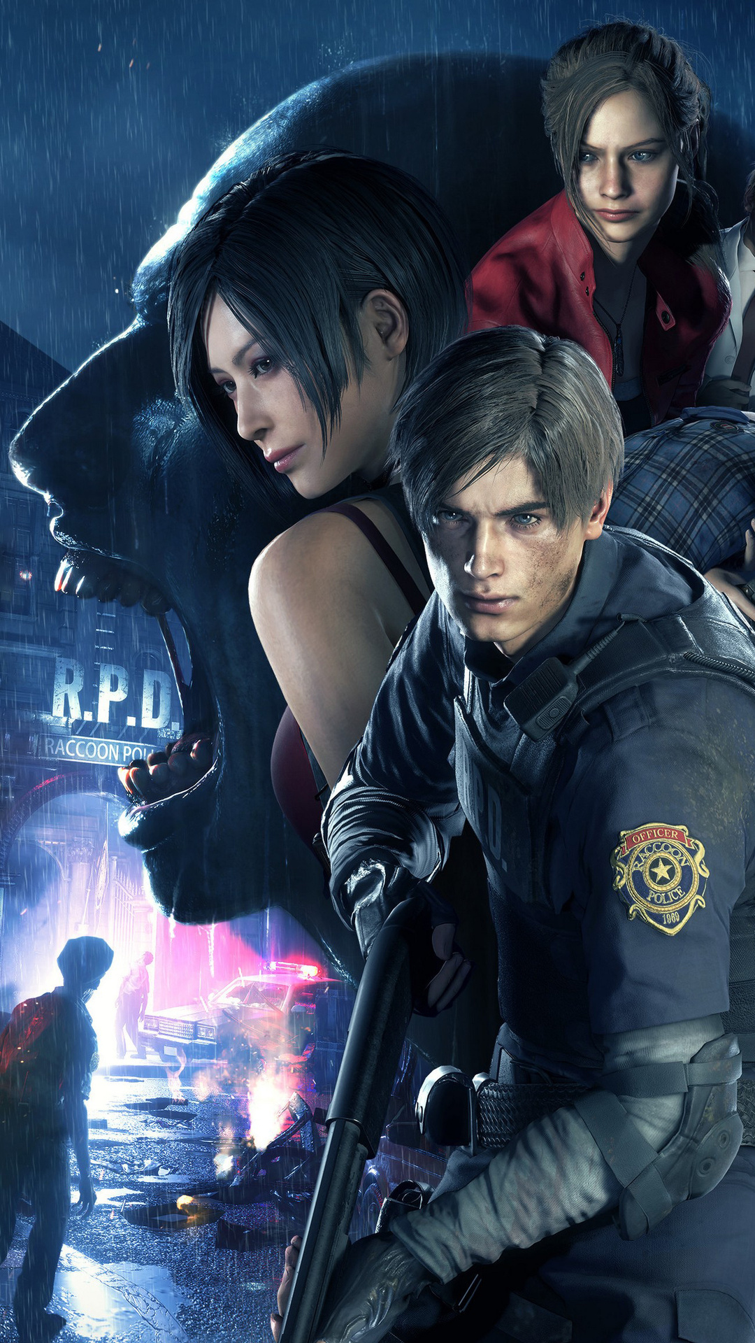 Leon S. Kennedy, Ada Wong, Claire Redfield, R.P.D. RACCOON POLICE sign, Full HD Phone wallpaper
