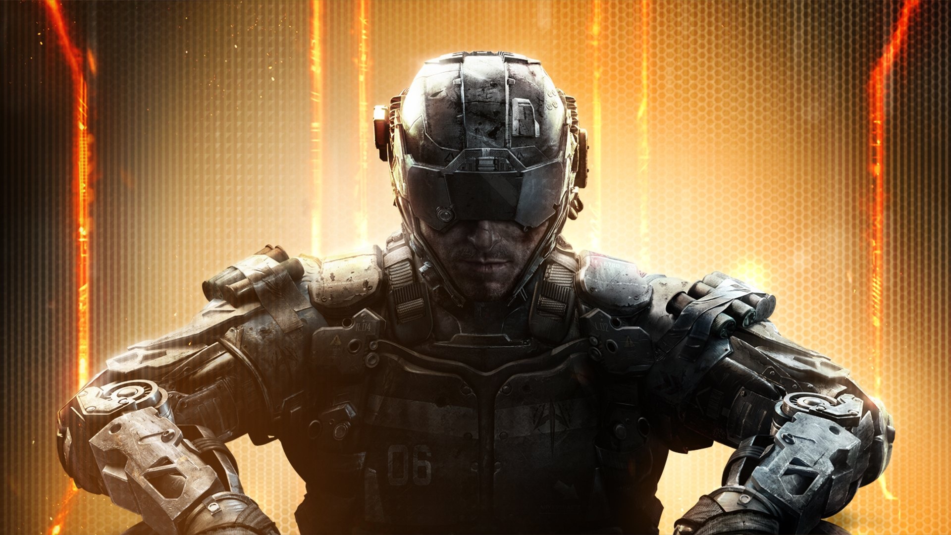 Call of Duty: Black Ops III soldier, Cybernetic exoskeleton armor, Glowing orange Roman numeral III, Full HD Desktop wallpaper