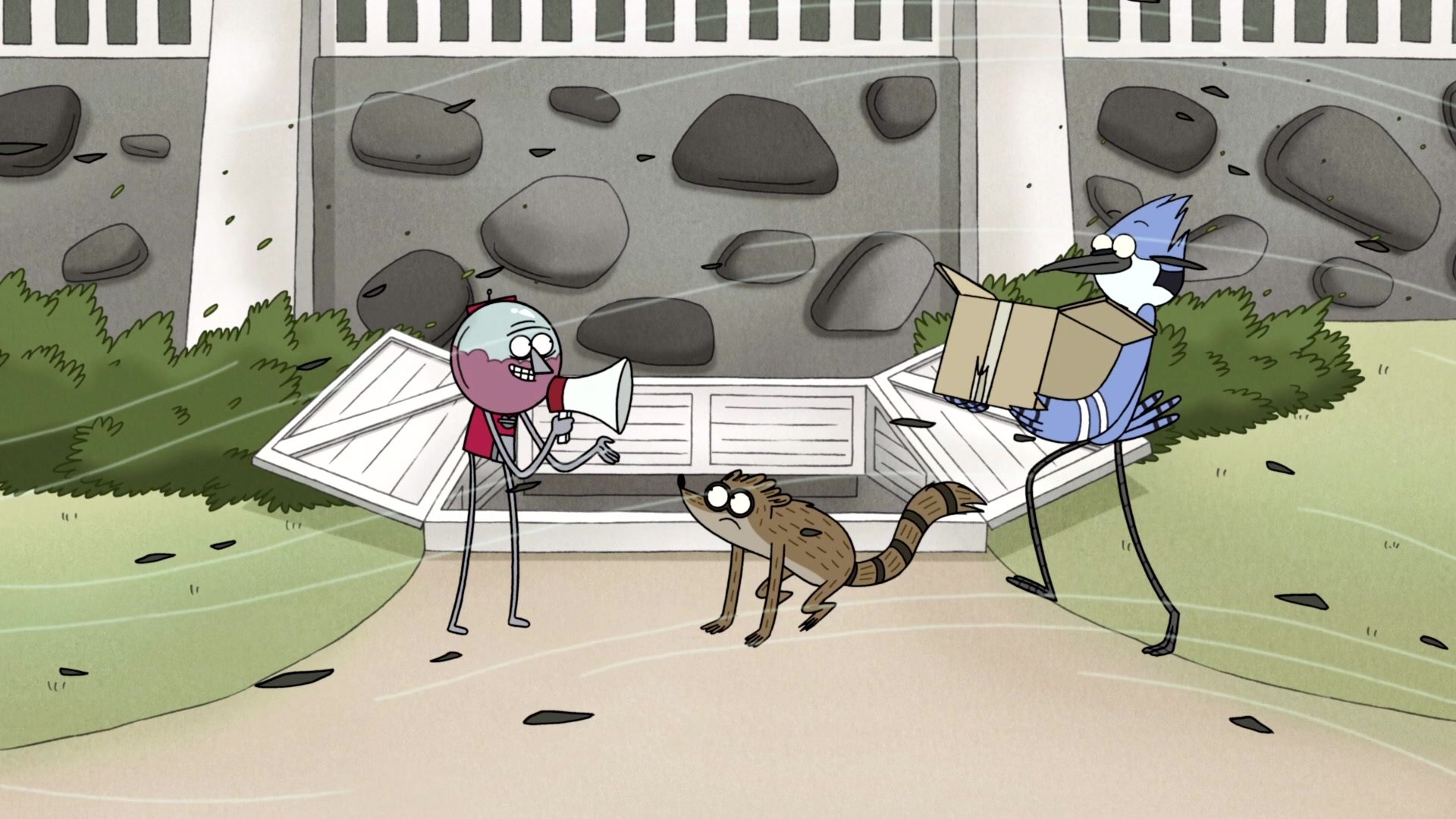 Benson shouting into megaphone, Mordecai carrying cardboard box, Rigby crouching in the wind, Regular Show, Full HD Desktop wallpaper