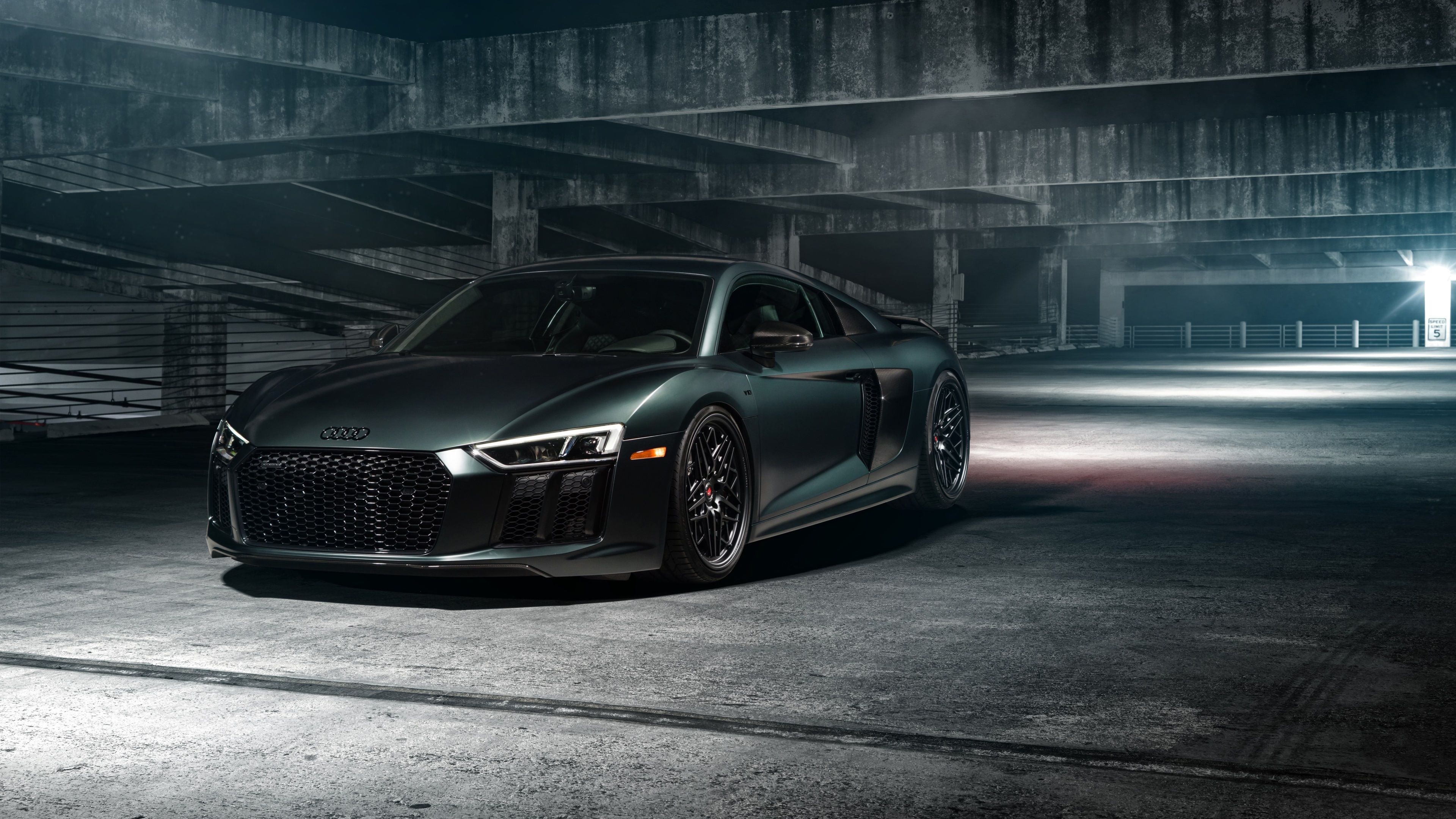 Audi R8 Type 4S, concrete parking garage, black multi-spoke wheels, 4K Desktop wallpaper