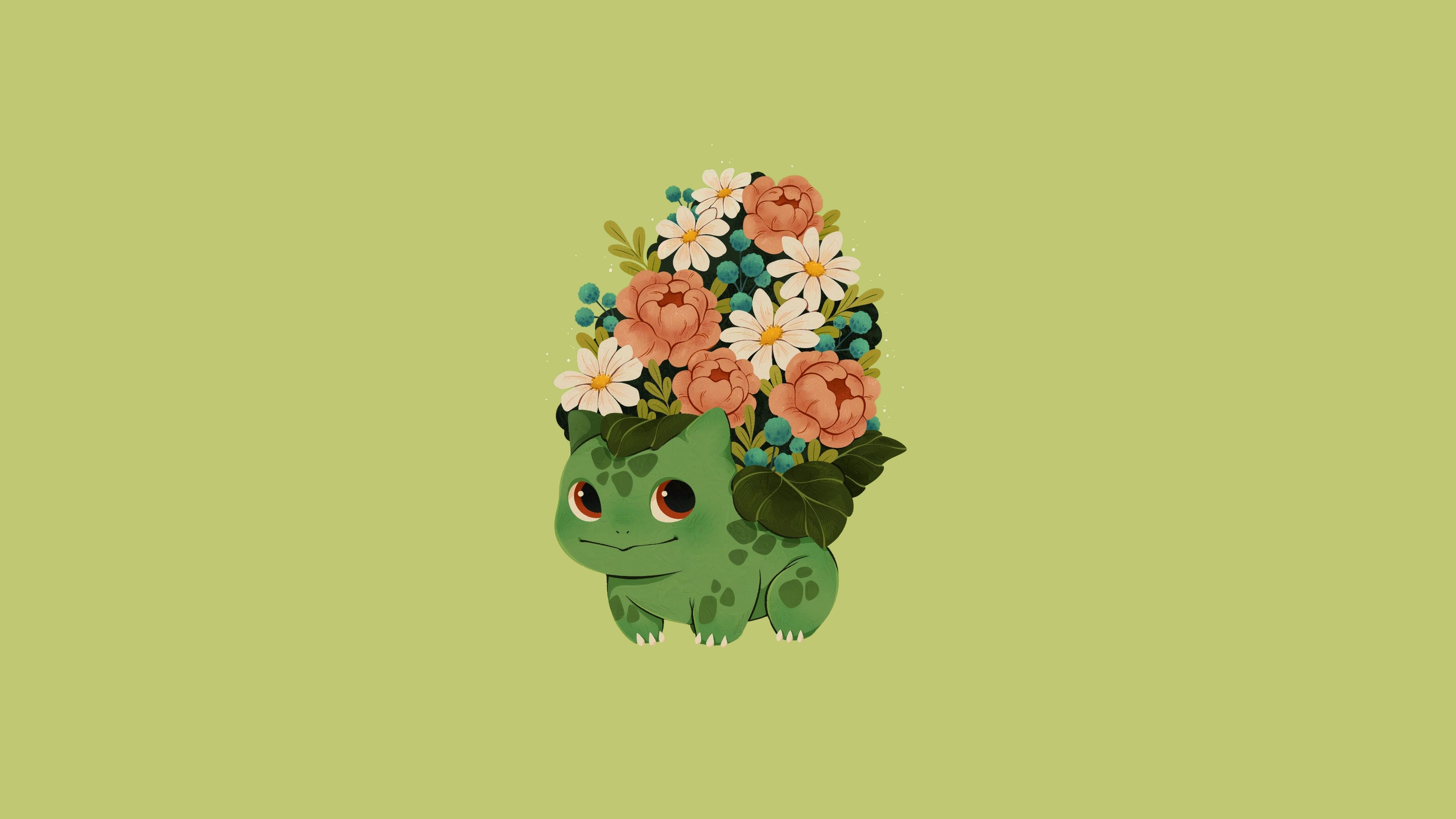 Bulbasaur, Kanto, Blooming peonies and daisies, Sage green background, 4K Desktop wallpaper