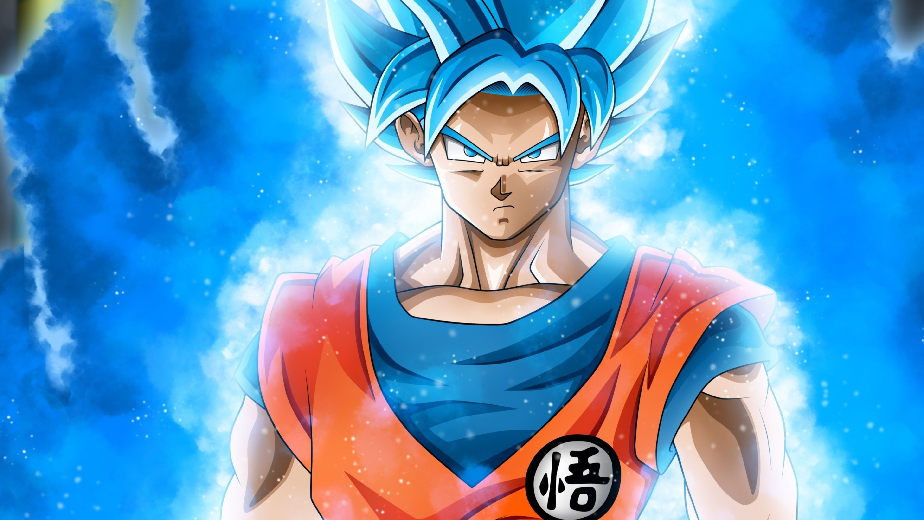 Super Saiyan Blue Goku, Glowing blue divine aura, Orange martial arts gi, 4K Desktop wallpaper