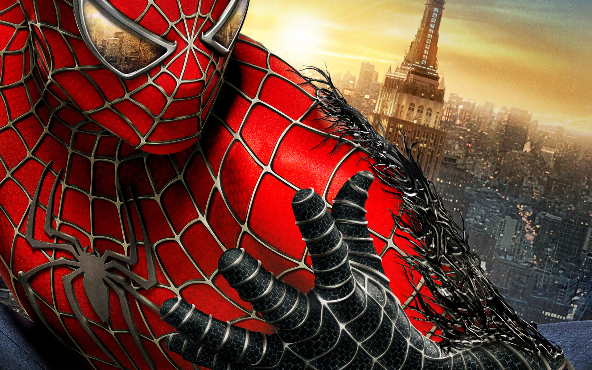 Spider-Man symbiote suit, Venom symbiote tendrils, Empire State Building skyline, HD Desktop wallpaper
