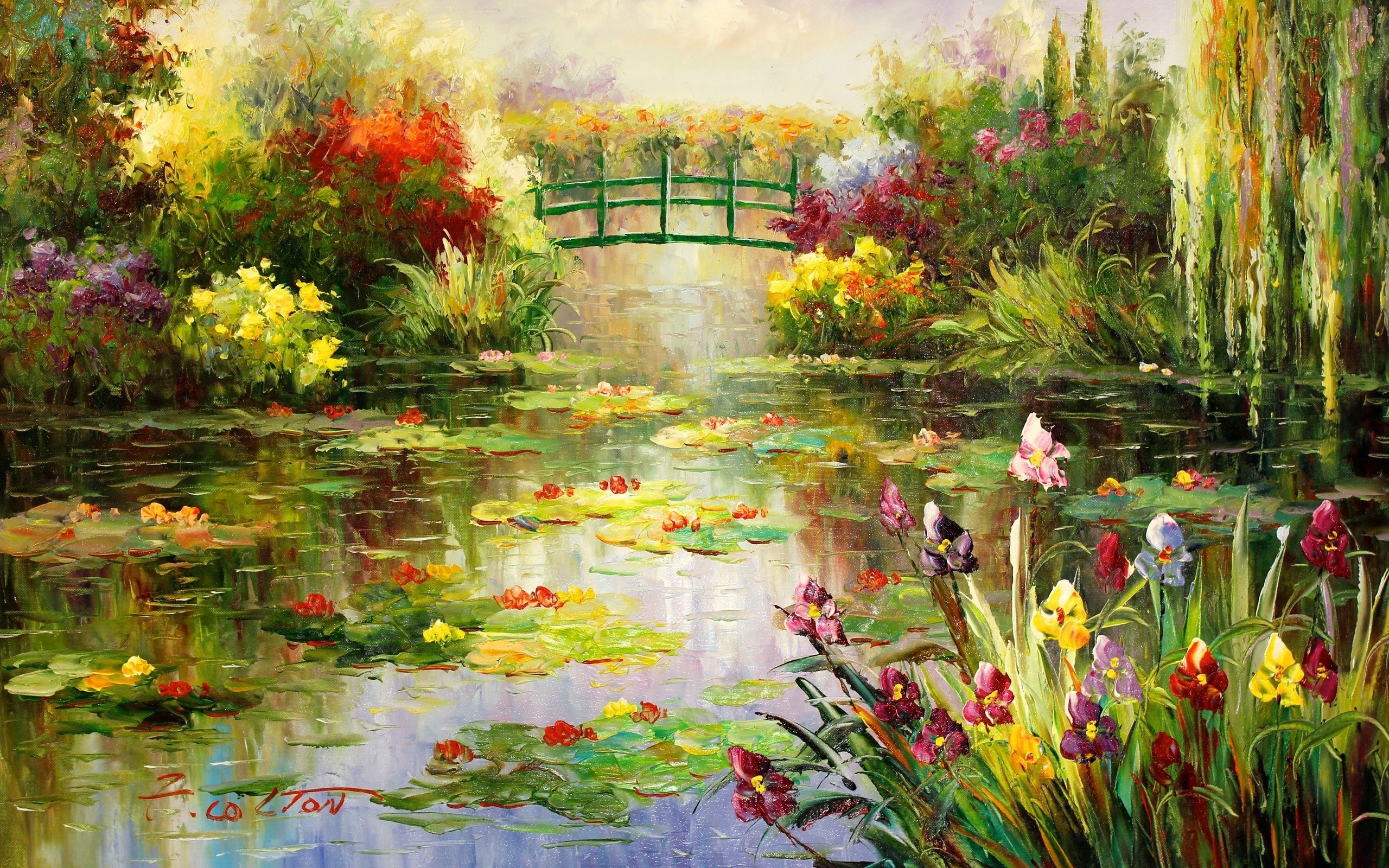 green Japanese footbridge, water lily pond, blooming foreground irises, HD Desktop wallpaper