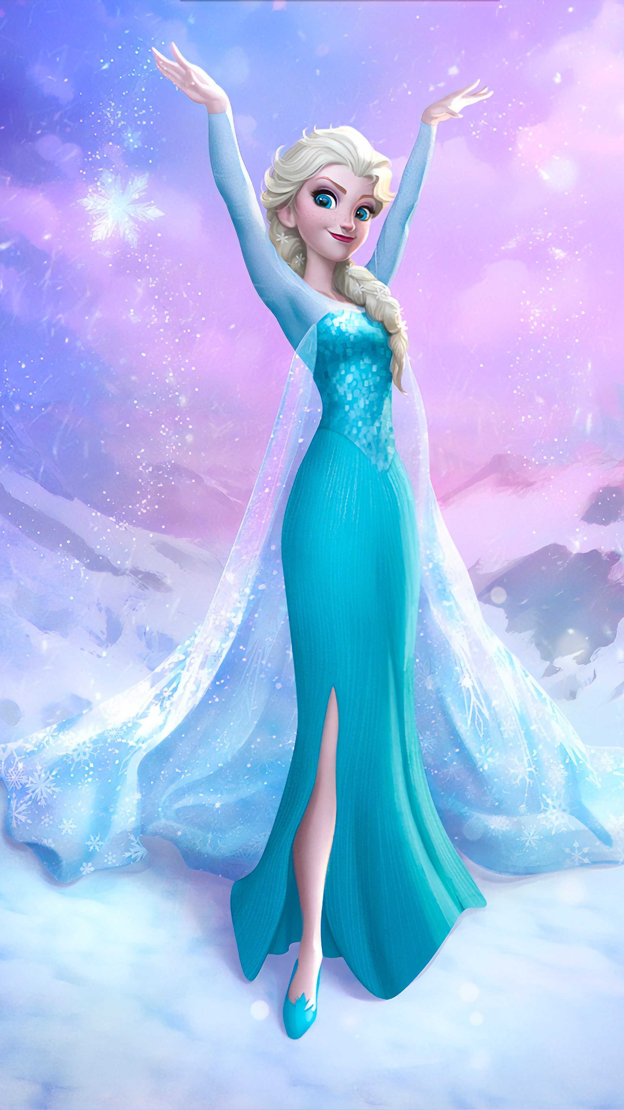 Queen Elsa, sparkling ice dress, snowy mountain landscape, 4K Phone wallpaper