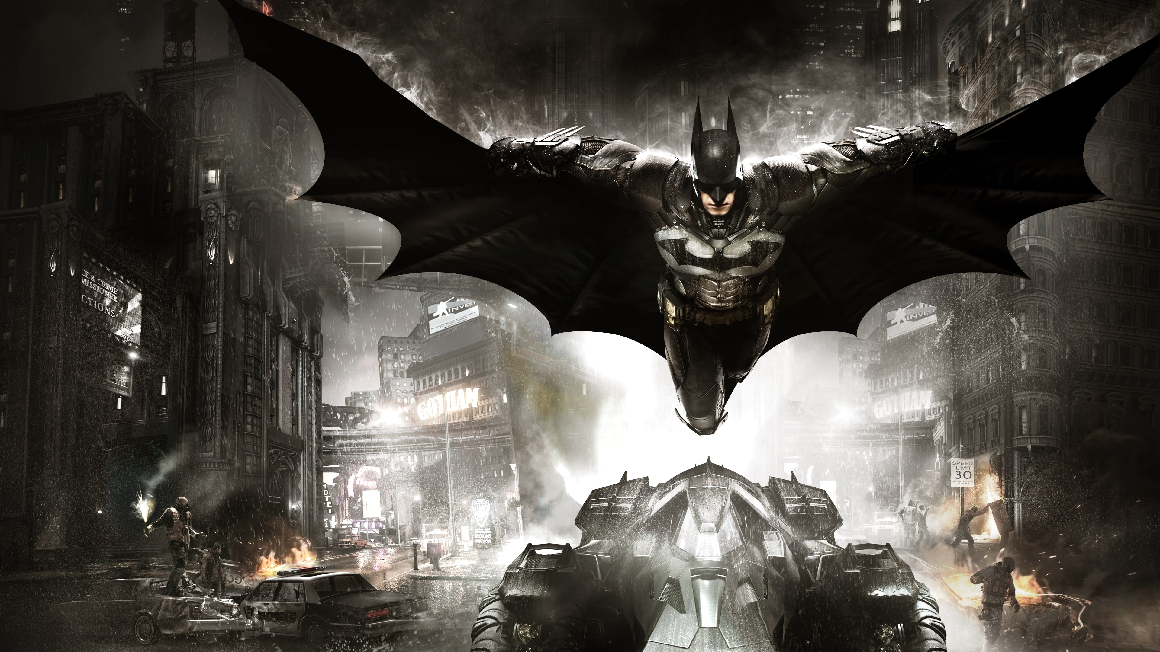 Batman gliding, Arkham Knight Batmobile, Gotham City street battle, 4K Desktop wallpaper