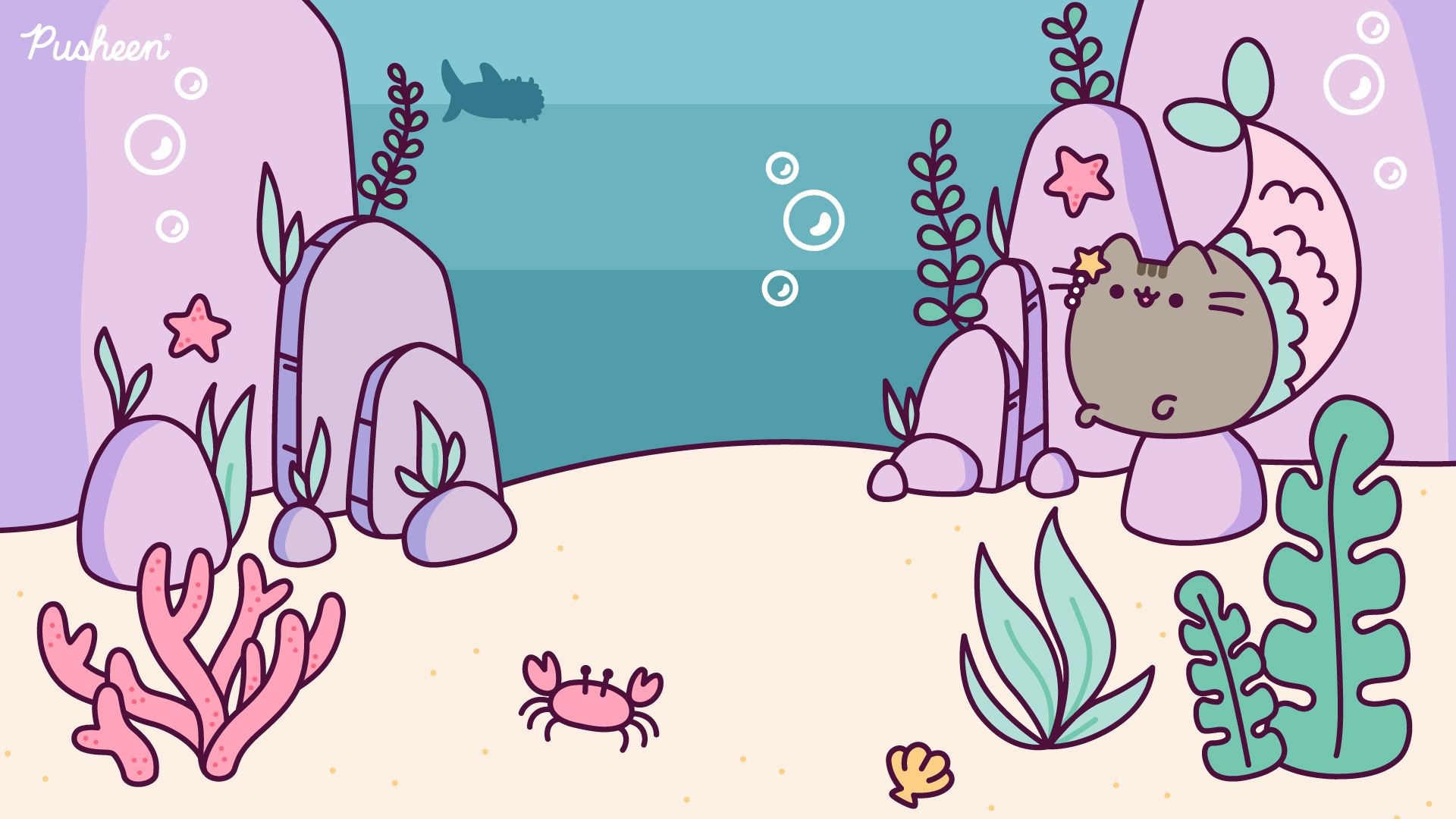 Mermaid Pusheen, Underwater coral reef, Cartoon sea crab, Full HD Desktop wallpaper