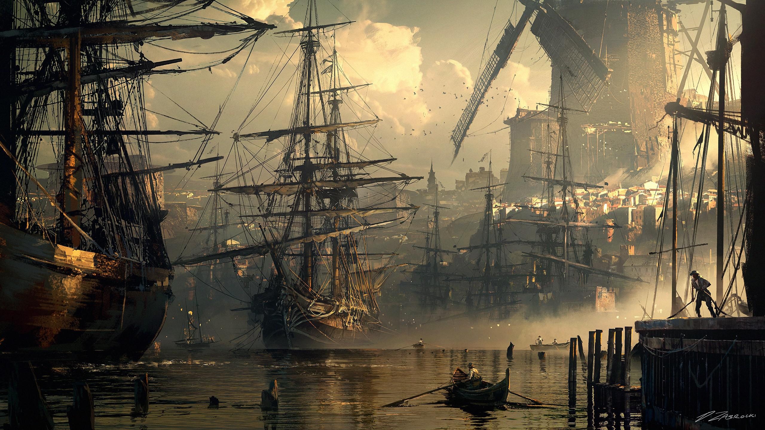 Tall ships in harbor, Coastal hillside port city, Rowboat on calm water, HD Desktop wallpaper