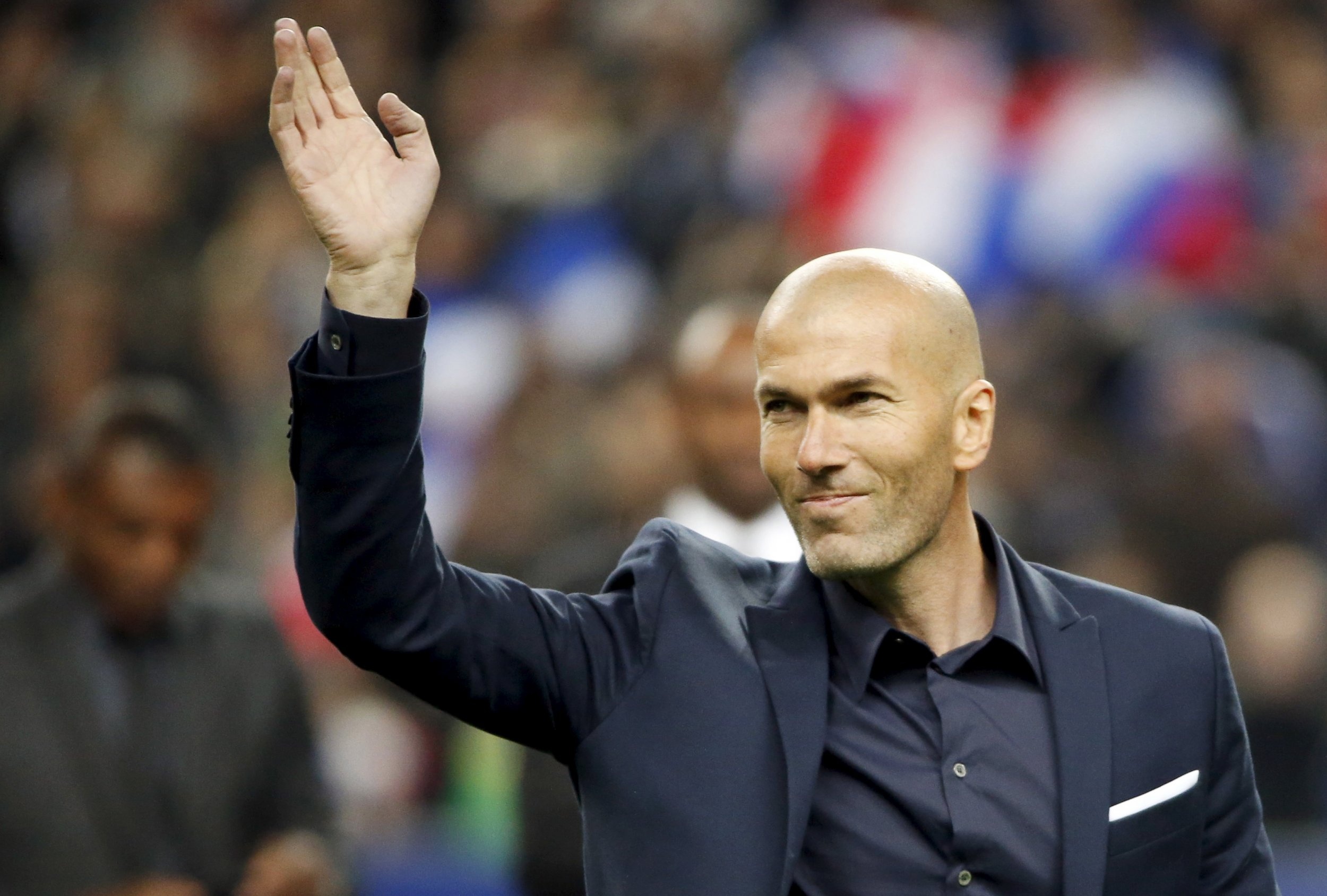 Zinedine Zidane, Navy blue suit jacket, Waving hand gesture, HD Desktop wallpaper