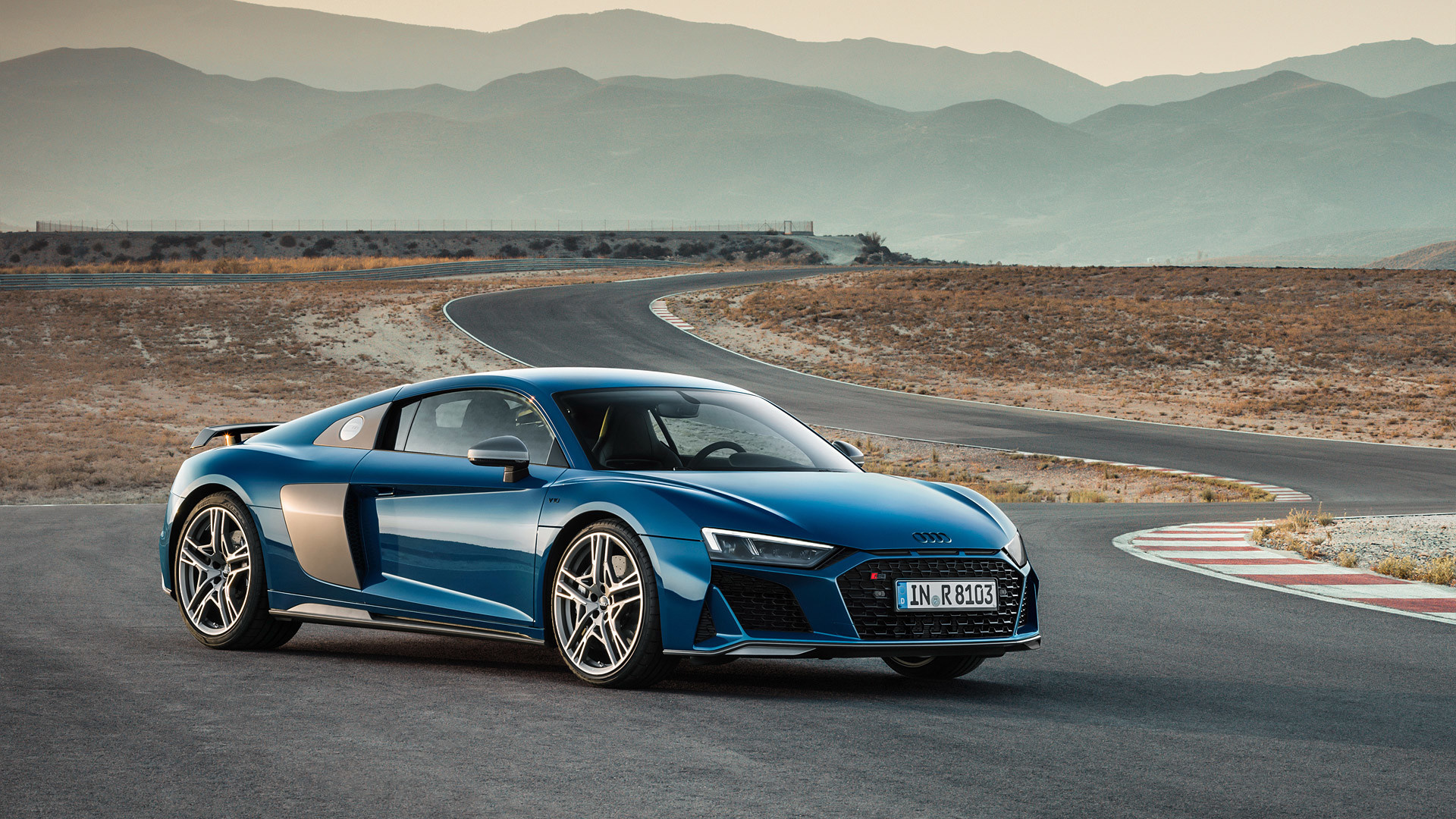Audi R8 V10 Performance, asphalt race track, arid mountain landscape, Full HD Desktop wallpaper