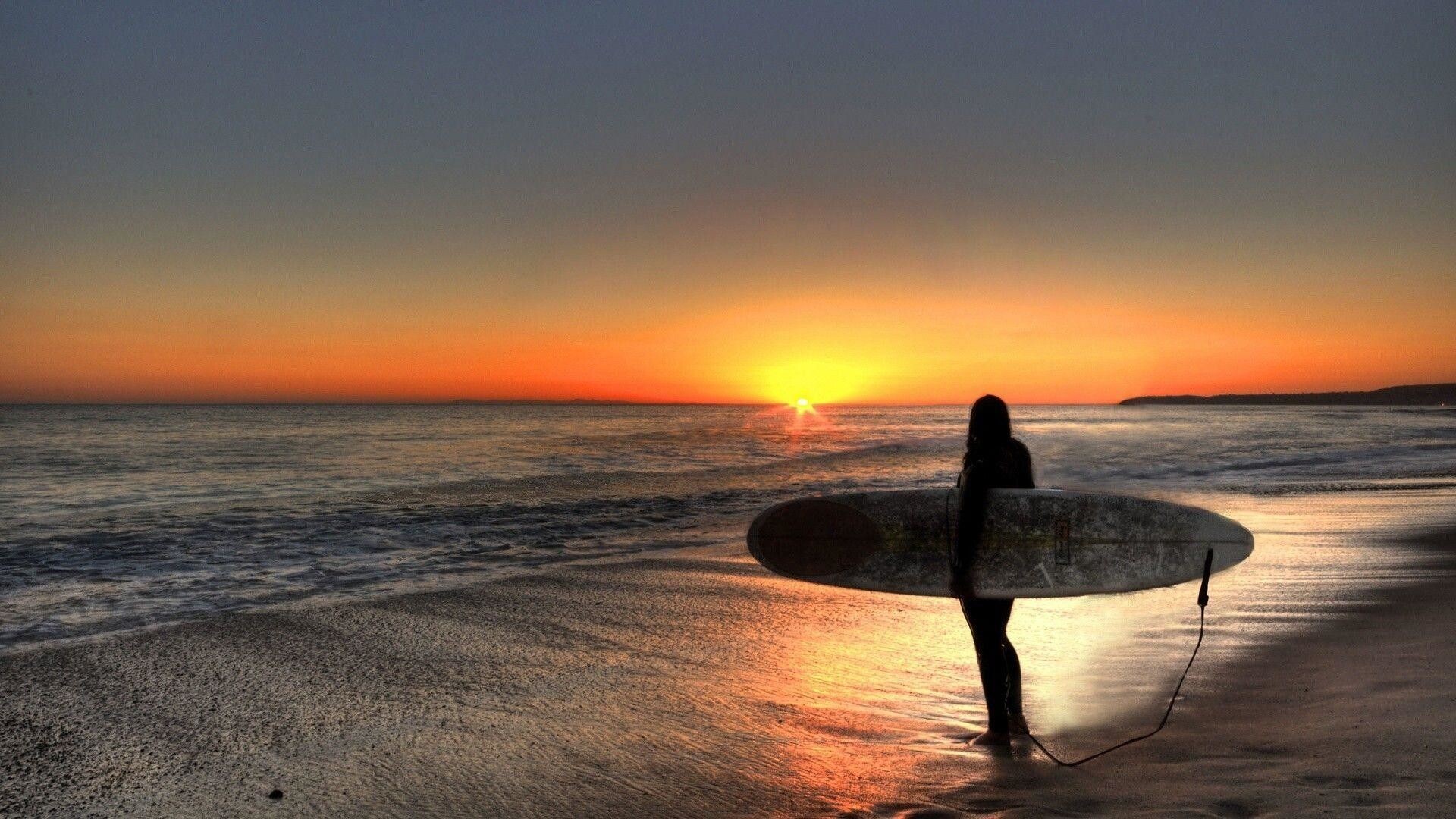 Girl Surfing, Sunset Beach Vibes, 1920x1080 Full HD Desktop