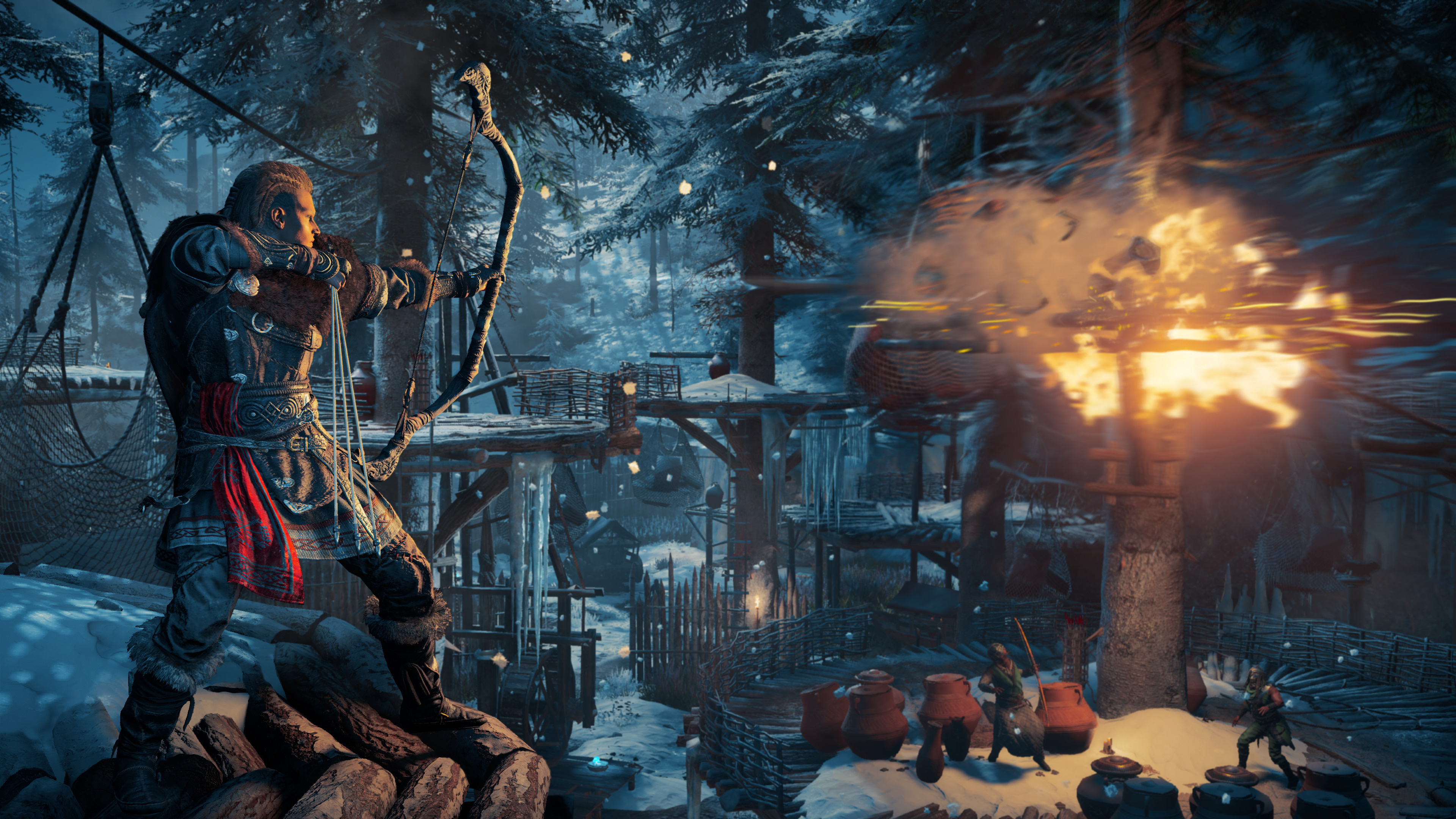 Eivor drawing bow, Exploding snowy Viking camp, Assassin's Creed Valhalla, 4K Desktop wallpaper