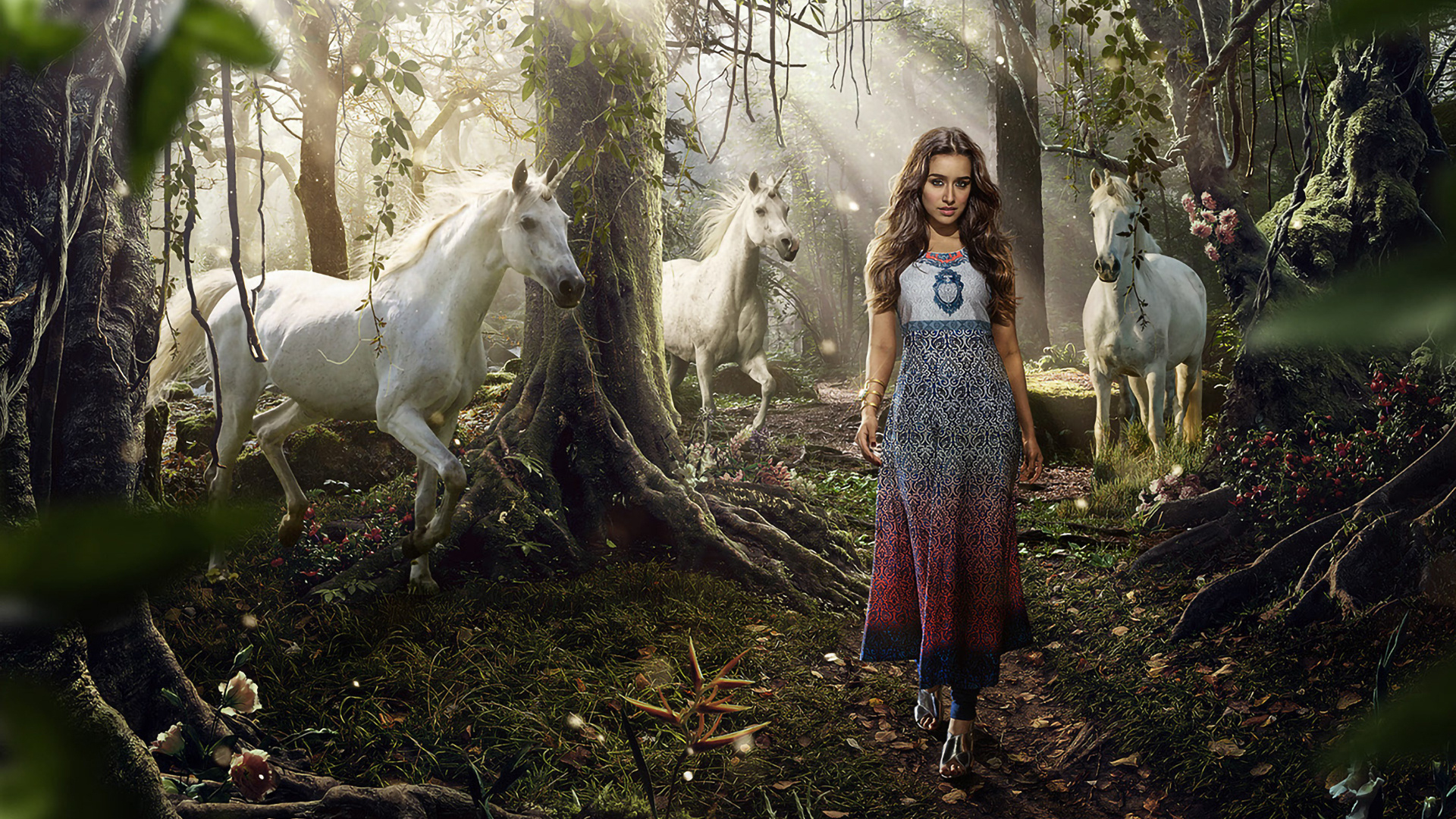 Shraddha Kapoor, white unicorns, enchanted fantasy forest, Full HD Desktop wallpaper