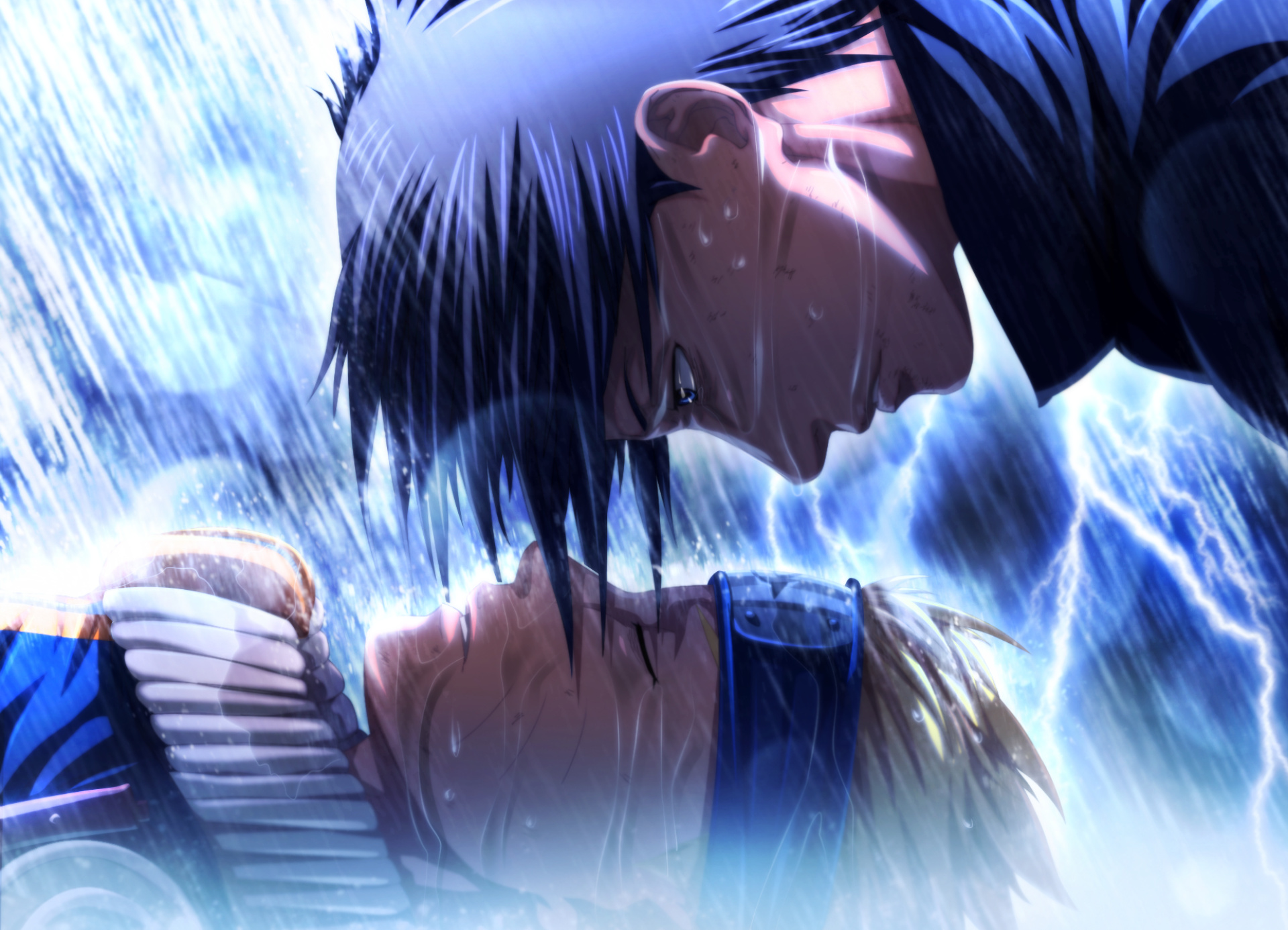 Sasuke Uchiha, Naruto Uzumaki, torrential rain and lightning, HD Desktop wallpaper