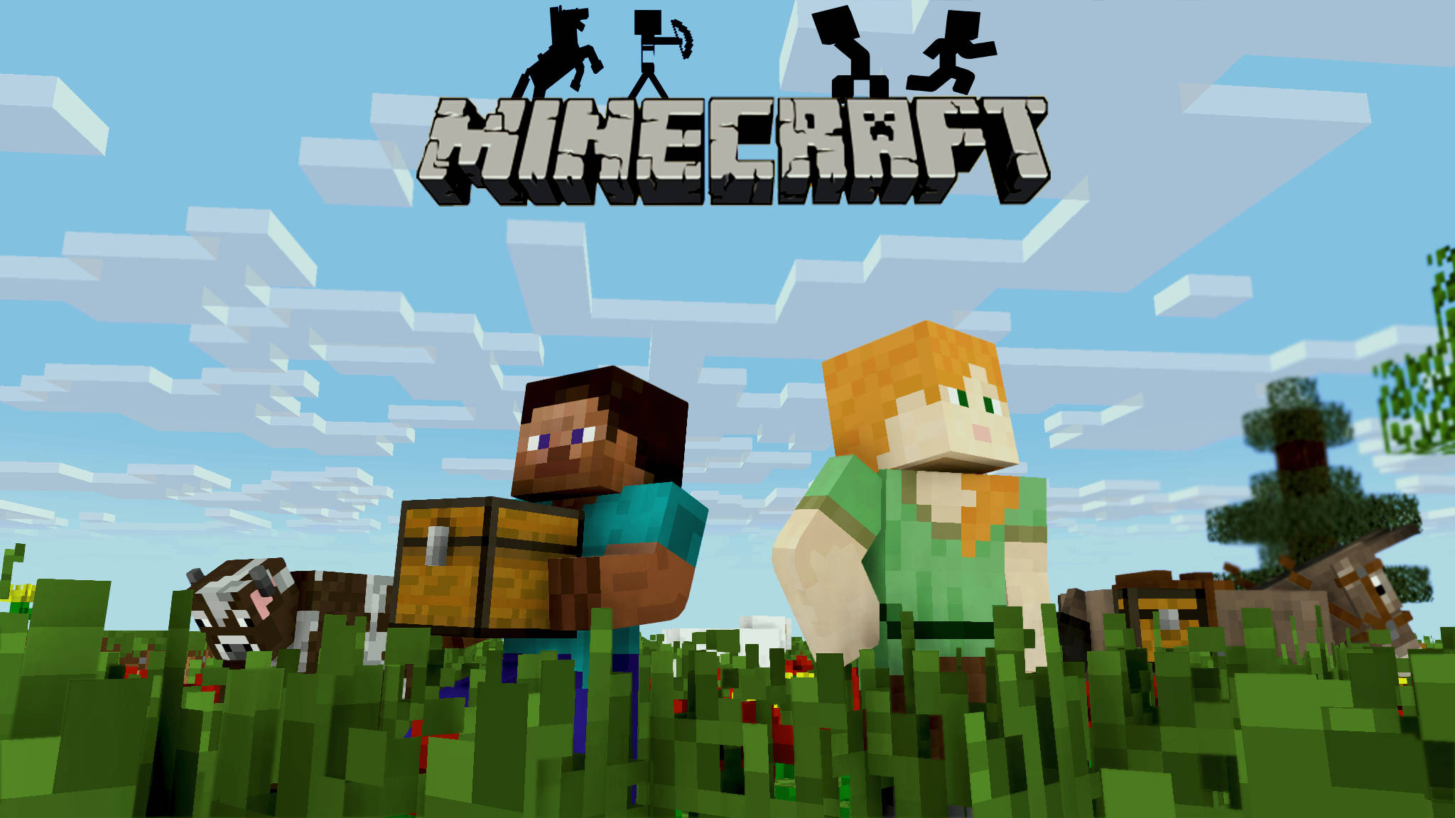 Steve carrying chest, Alex Minecraft character, Minecraft logo, Blocky grassy meadow, HD Desktop wallpaper