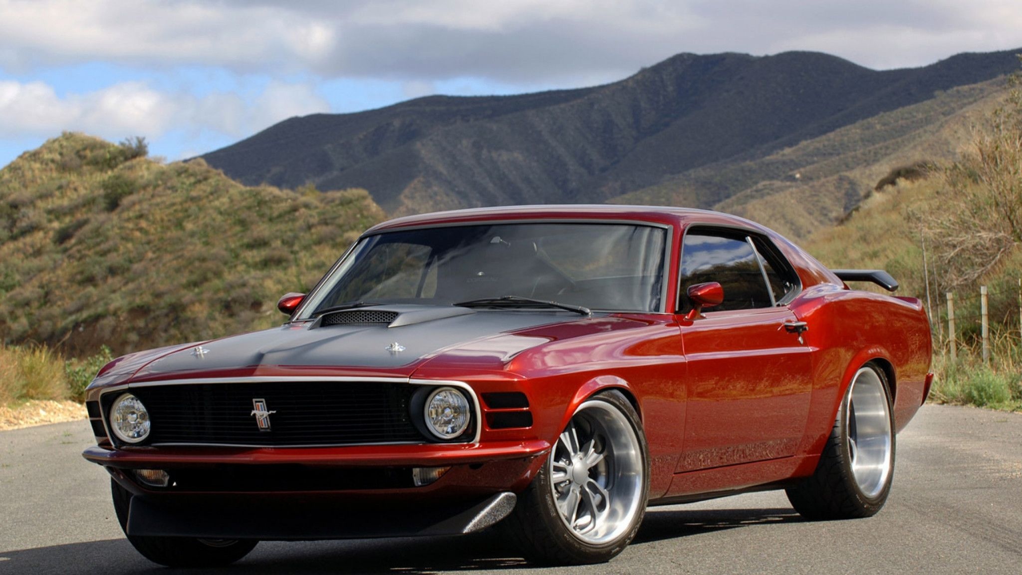 1970 Ford Mustang Fastback, mountain road landscape, metallic candy red finish, HD Desktop wallpaper