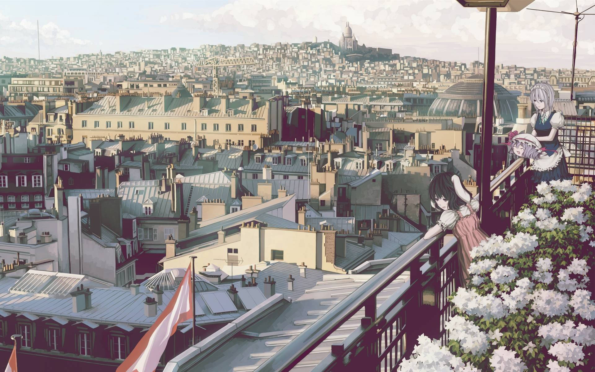 Sakuya Izayoi, Remilia Scarlet, Tewi Inaba, Paris cityscape, HD Desktop wallpaper