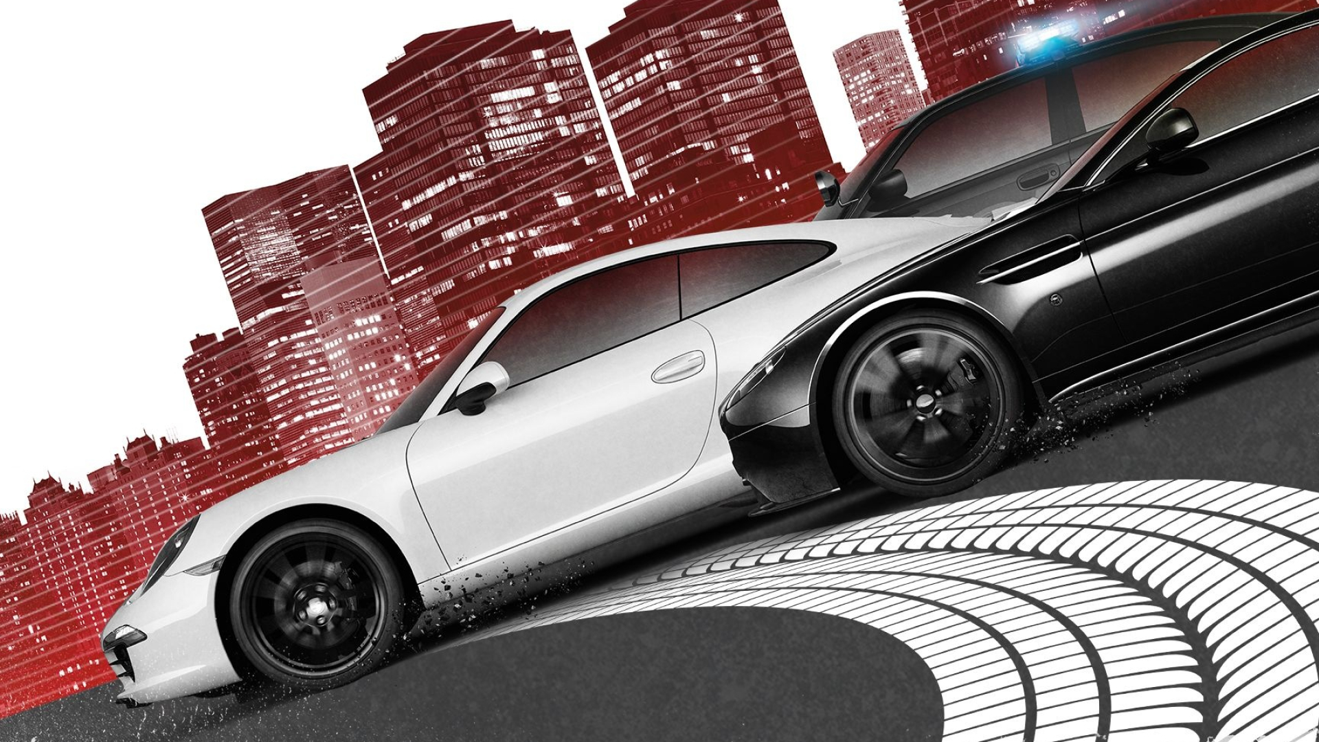 Porsche 911 Carrera S, police cruiser pursuit, Fairhaven City skyline, Full HD Desktop wallpaper