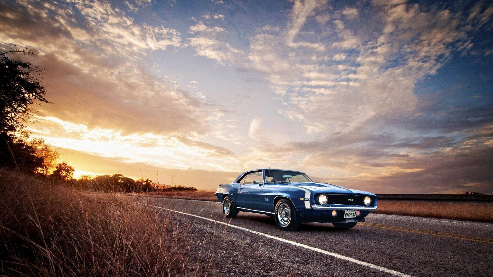 1969 Chevrolet Camaro SS, rural highway roadside, golden hour sunset sky, Full HD Desktop wallpaper