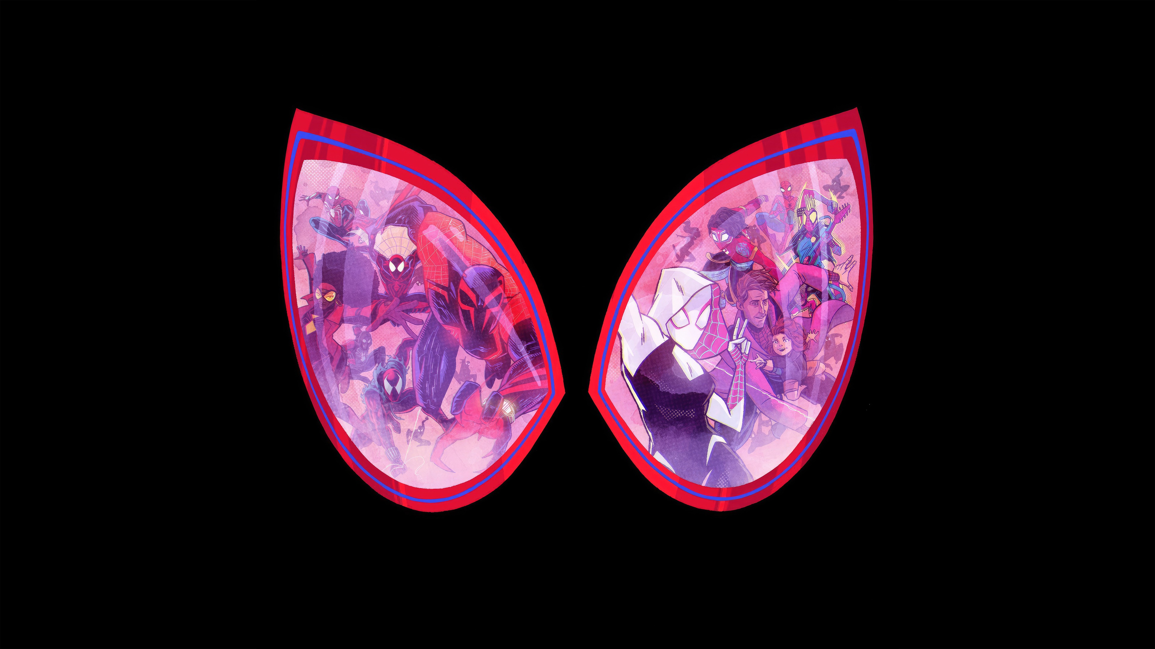 Across the Spider-Verse, Spider-Man 2099 (Miguel O'Hara), Miles Morales, Spider-Gwen (Gwen Stacy), Mask eye reflections, Solid black background, 4K Desktop wallpaper