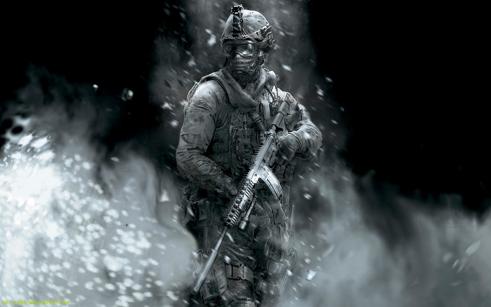Call of Duty: Modern Warfare 2 soldier, Suppressed M4A1 carbine, Snow blizzard smoke effect, HD Desktop wallpaper